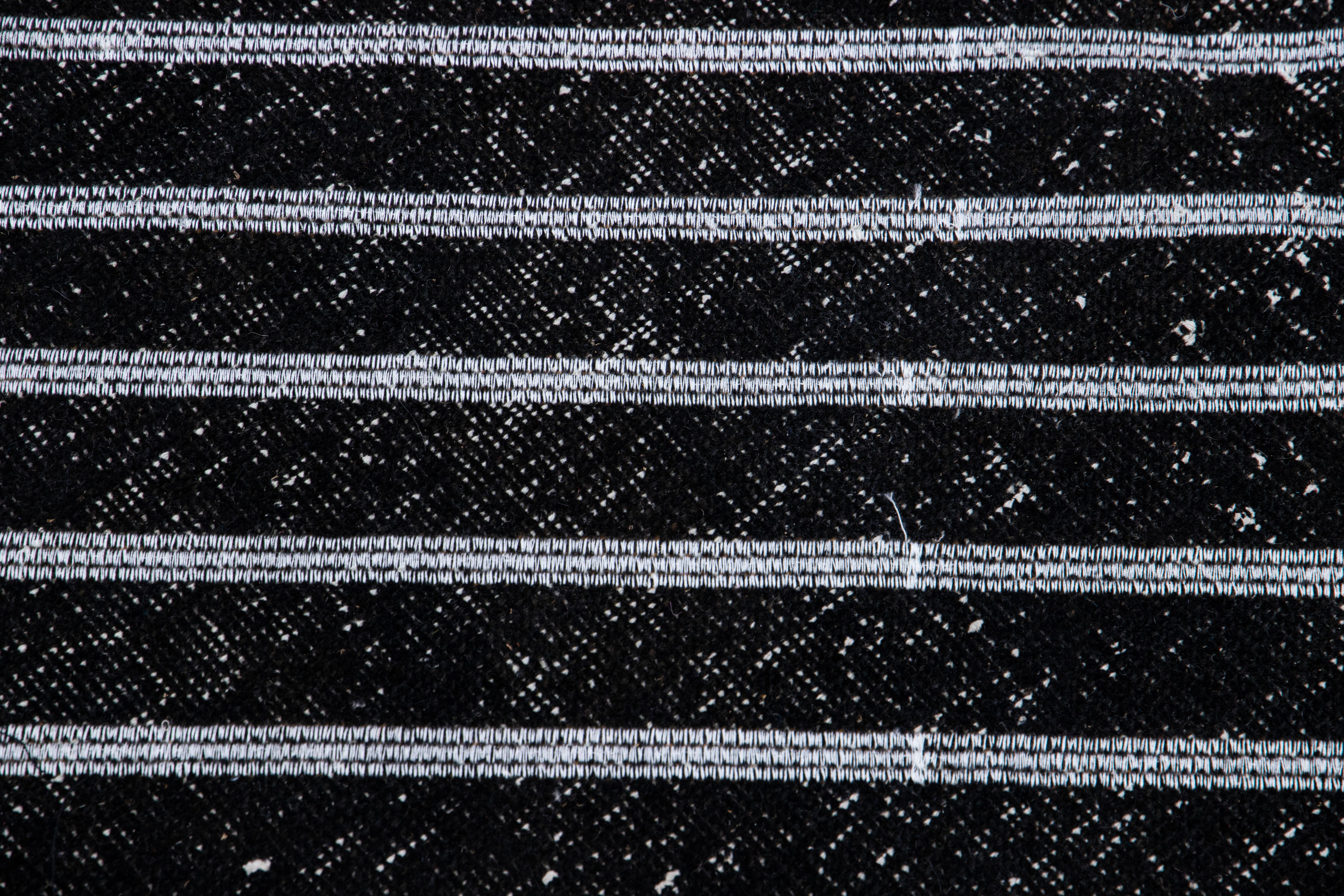 Contemporary Modern Turkish Handmade Diagonal Line Pattern Black Gallery Wool Rug For Sale