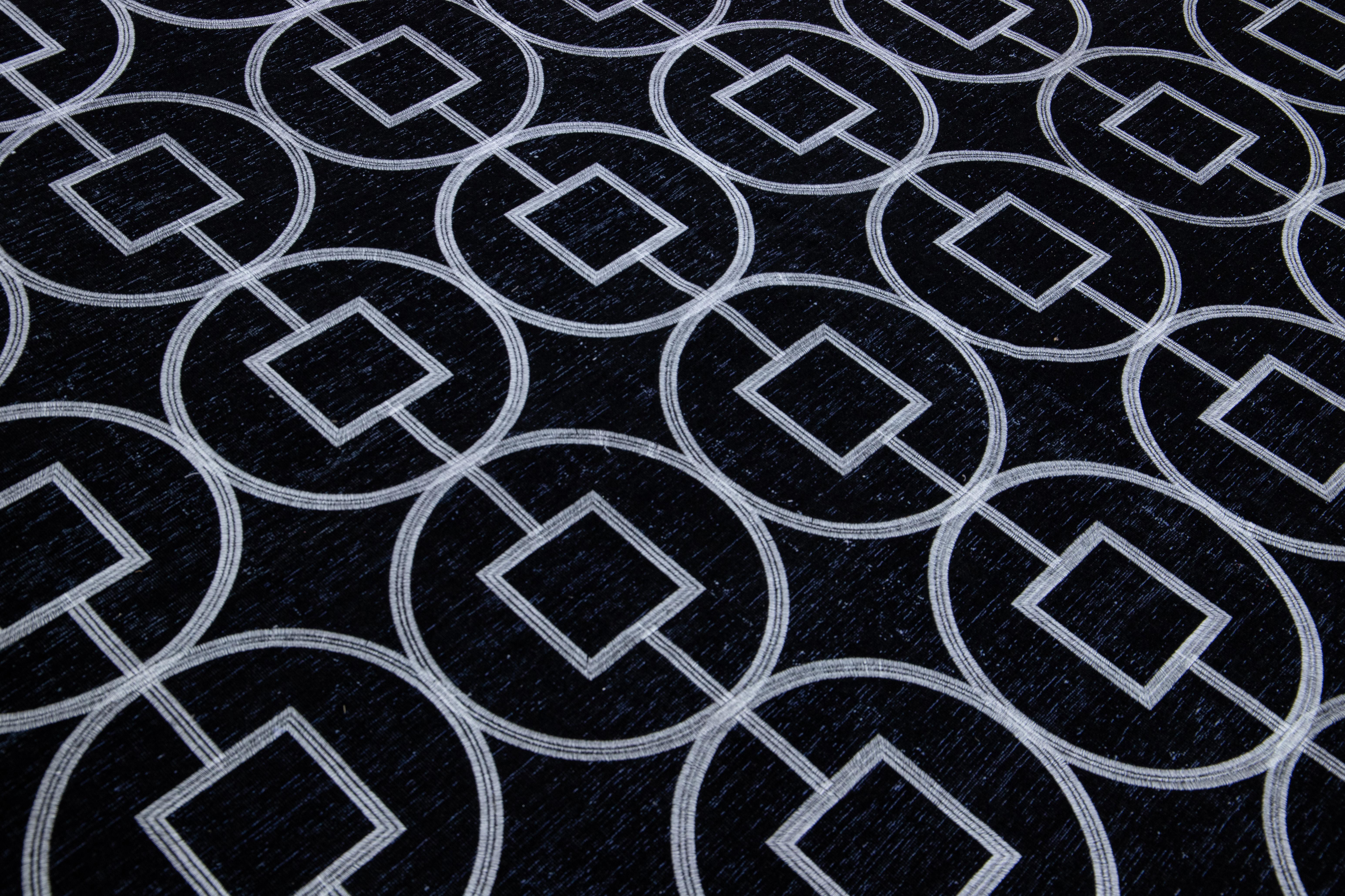 Modern Turkish Handmade Geometric Pattern Black Wool Rug For Sale 4