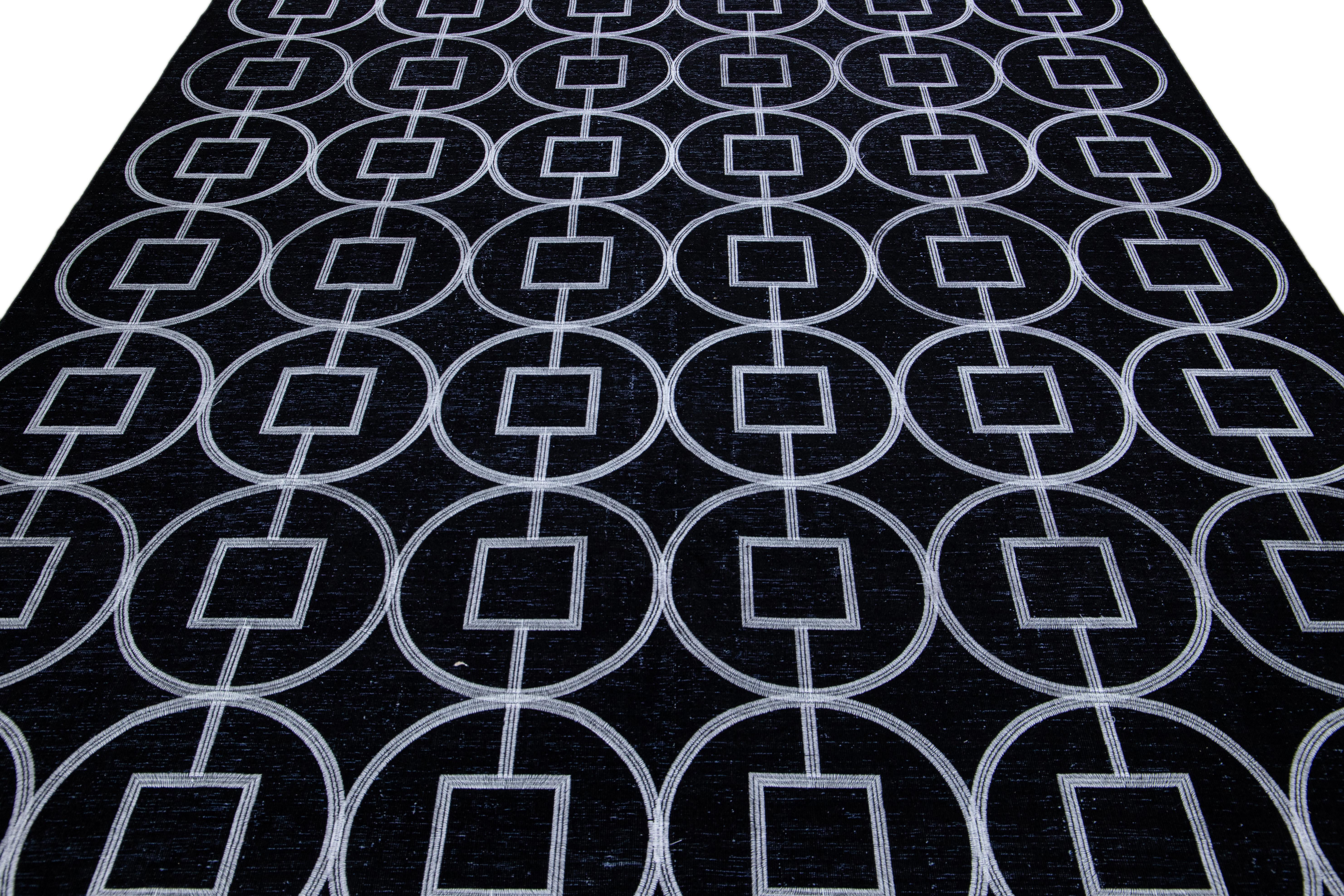 Tribal Modern Turkish Handmade Geometric Pattern Black Wool Rug For Sale