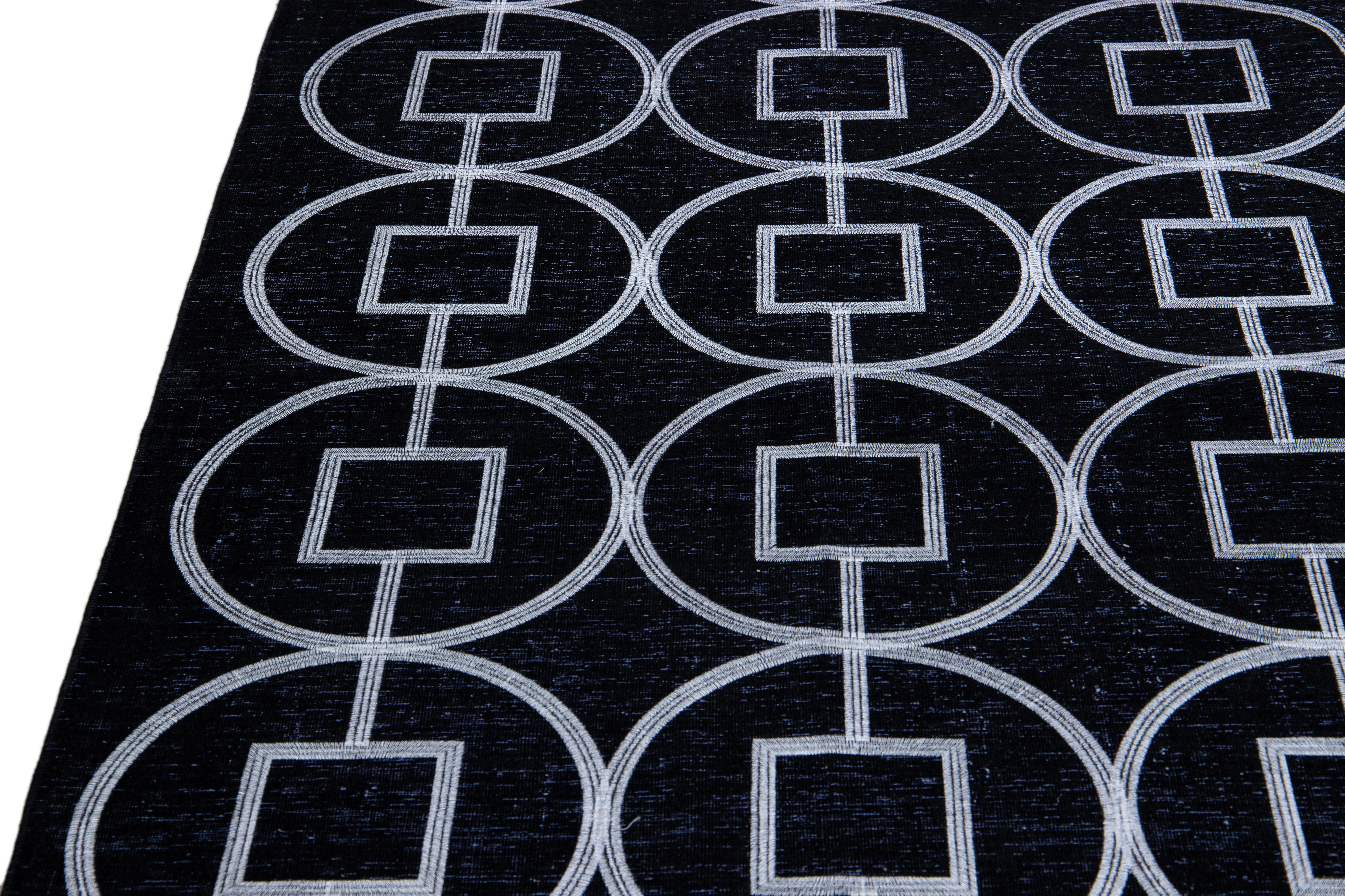 Hand-Knotted Modern Turkish Handmade Geometric Pattern Black Wool Rug For Sale