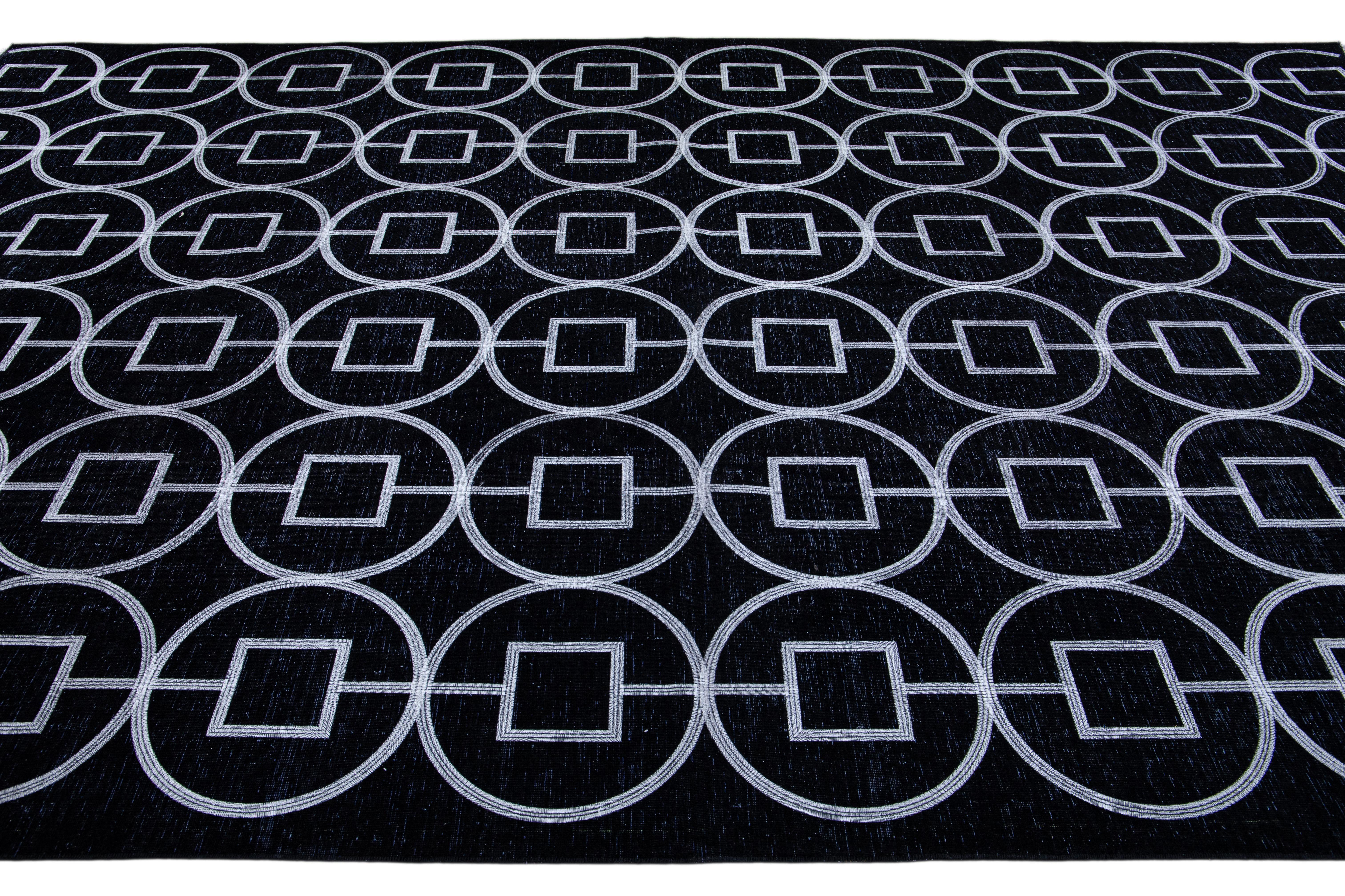 Modern Turkish Handmade Geometric Pattern Black Wool Rug In New Condition For Sale In Norwalk, CT