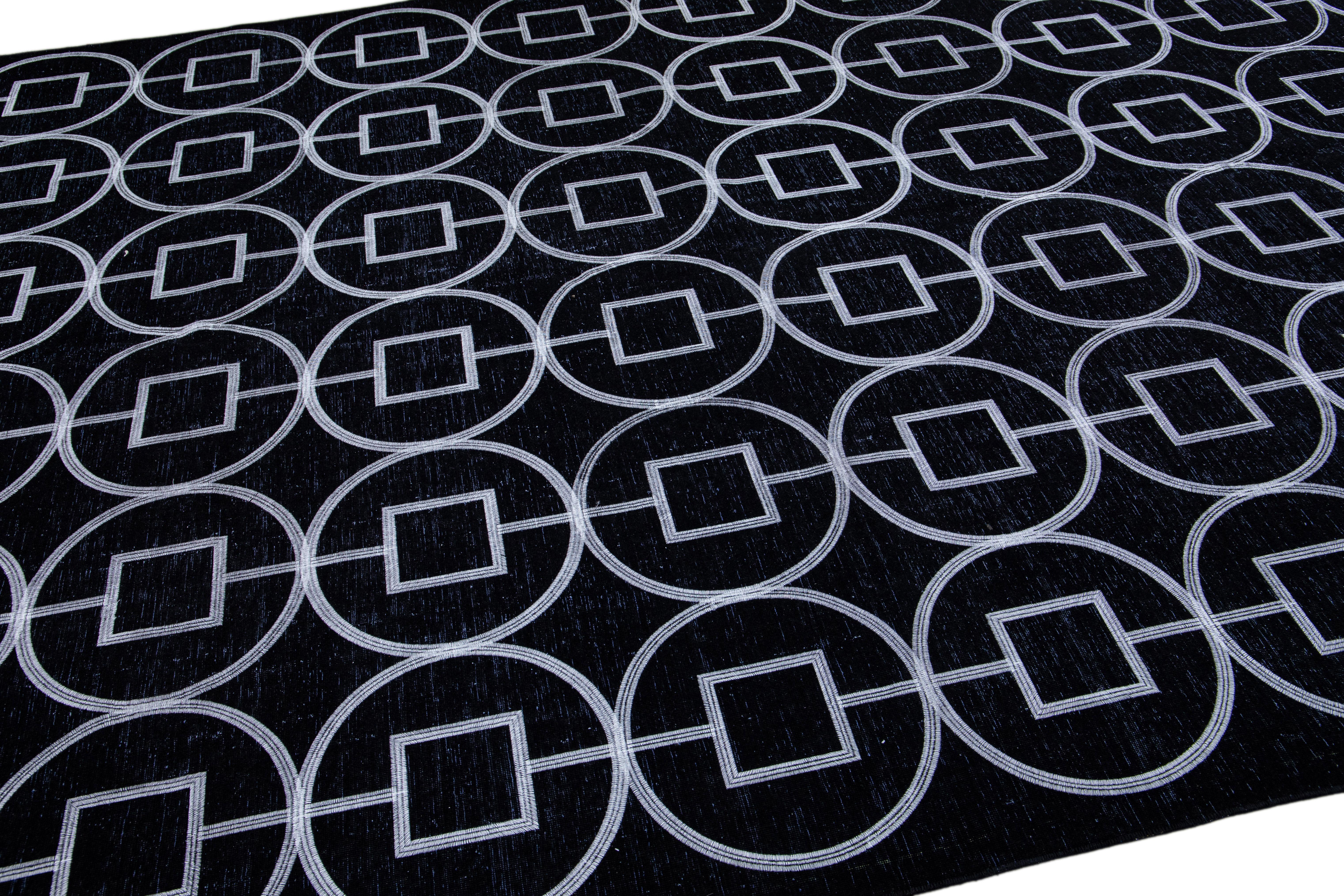 Modern Turkish Handmade Geometric Pattern Black Wool Rug For Sale 2