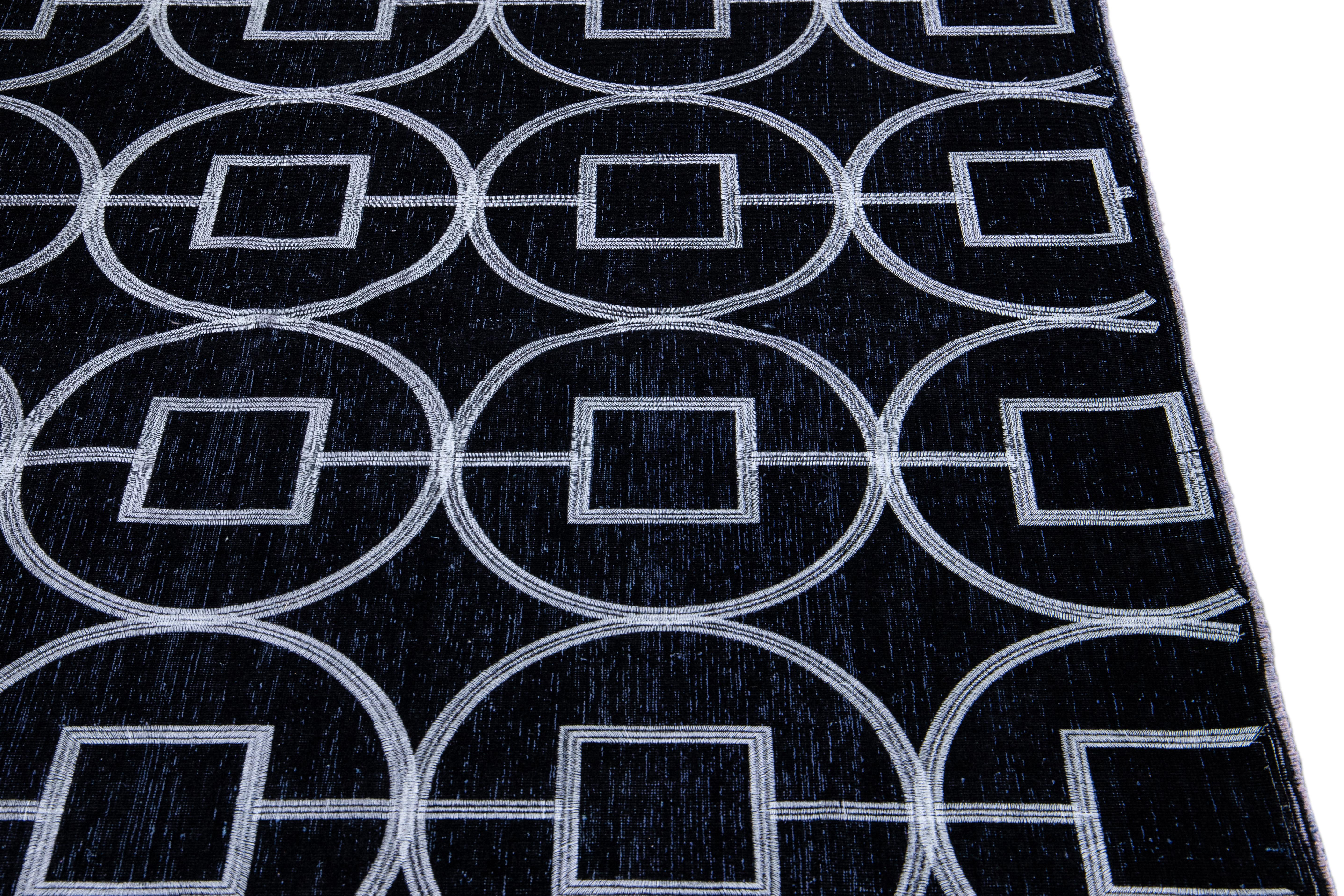 Modern Turkish Handmade Geometric Pattern Black Wool Rug For Sale 3