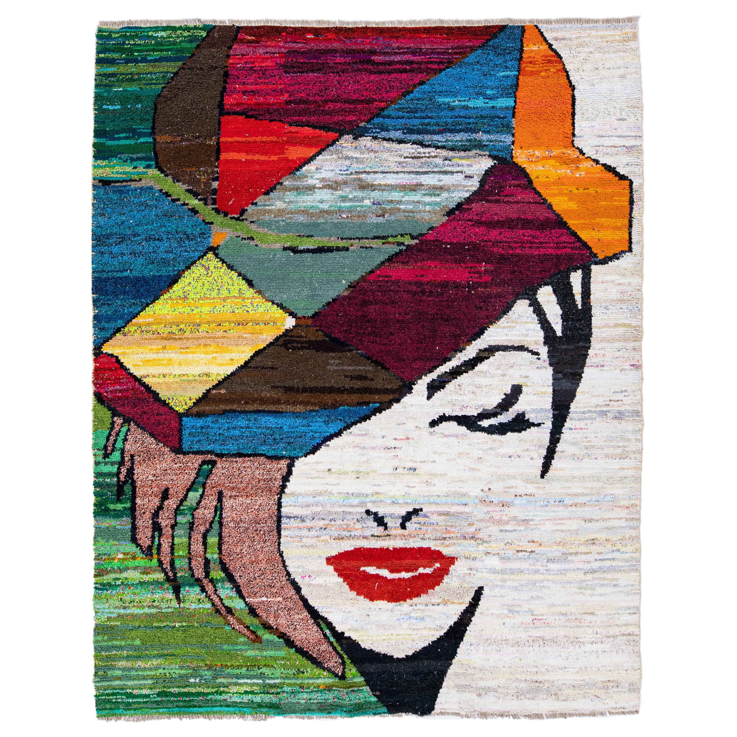 Moderner türkischer handgefertigter mehrfarbiger Wollteppich mit expressionistischem Design