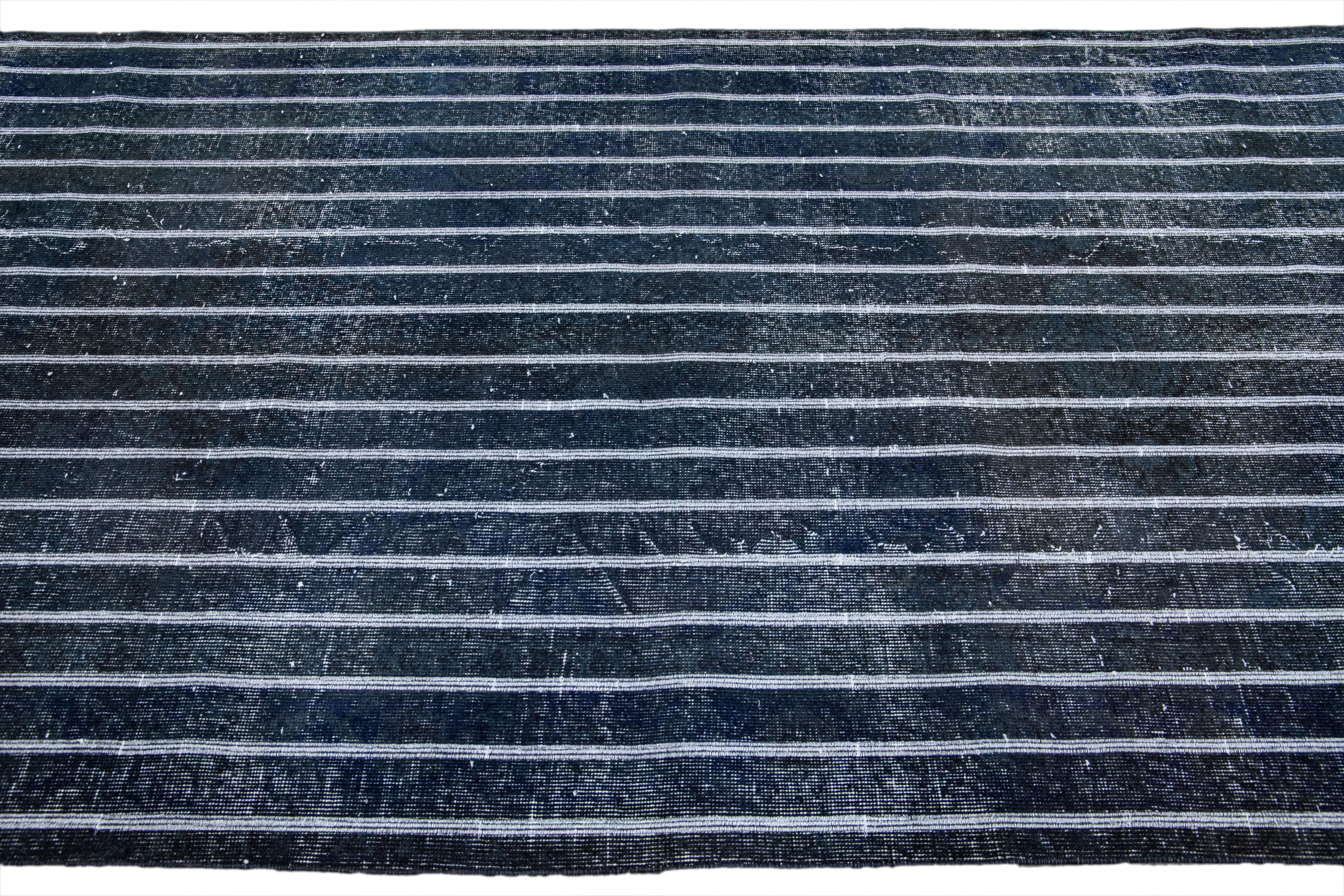 Modern Turkish Handmade Striped Motif Navy Blue Wool Gallery Rug In New Condition For Sale In Norwalk, CT