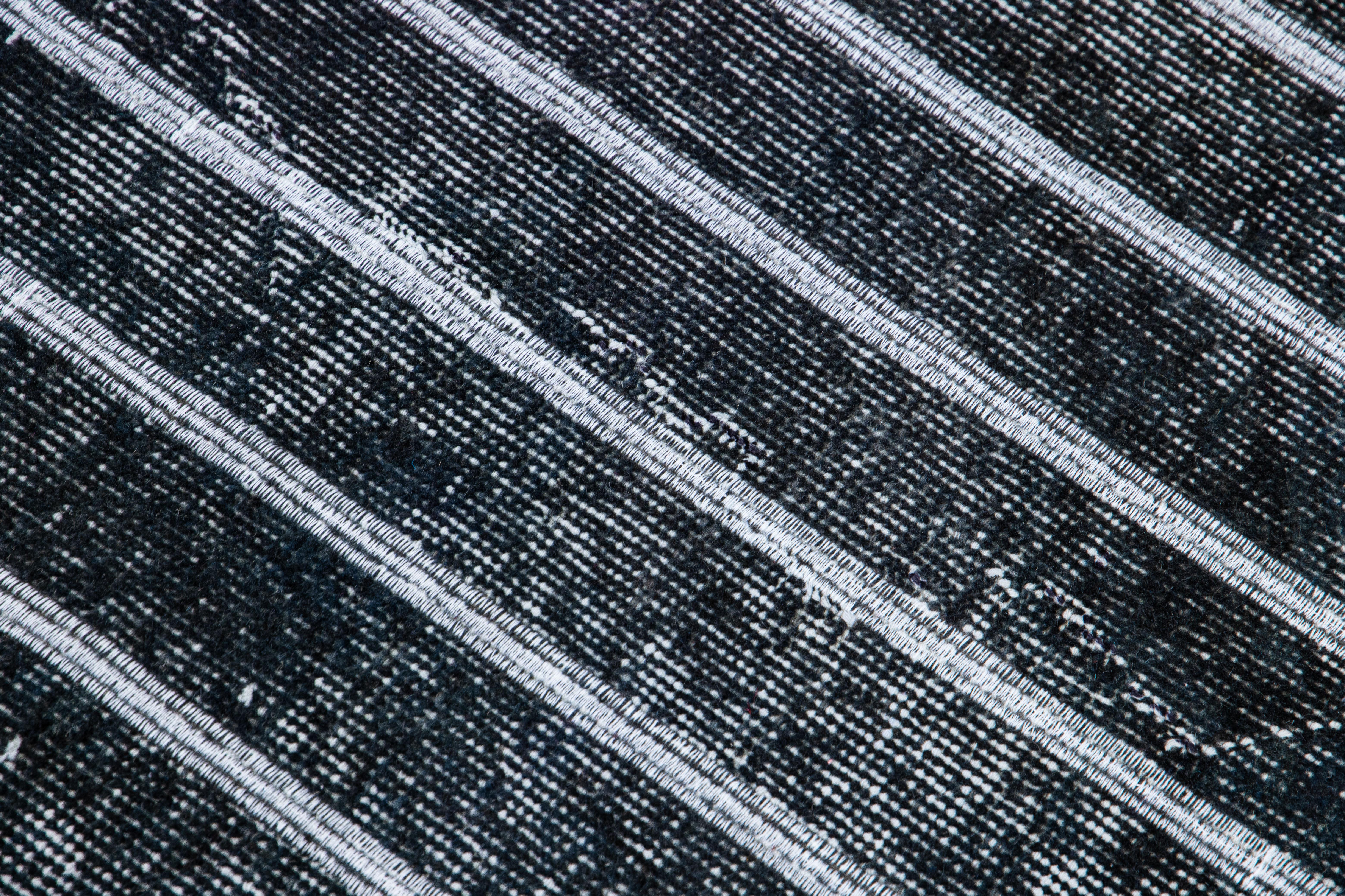 Contemporary Modern Turkish Handmade Striped Motif Navy Blue Wool Gallery Rug For Sale