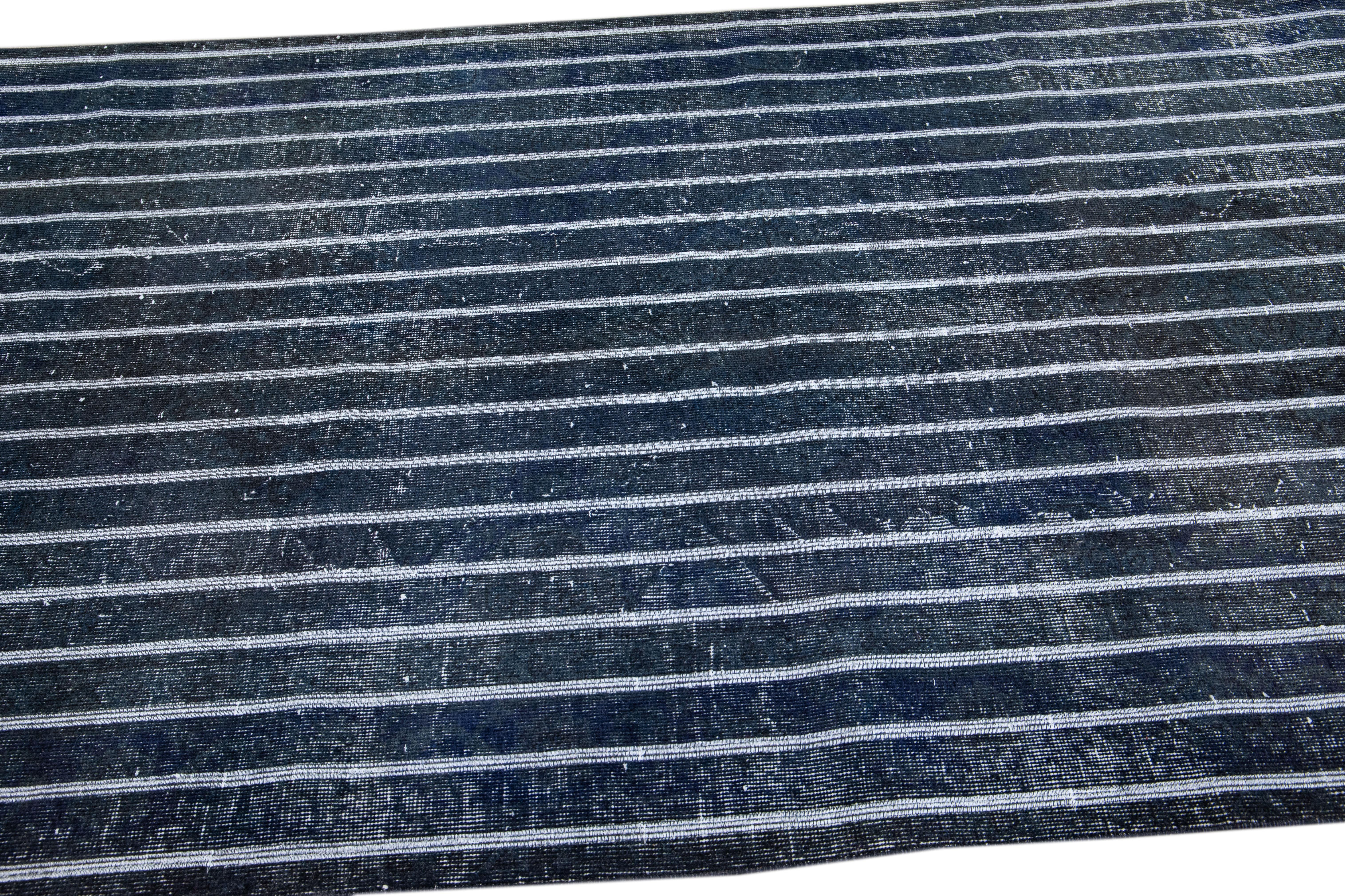 Modern Turkish Handmade Striped Motif Navy Blue Wool Gallery Rug For Sale 2