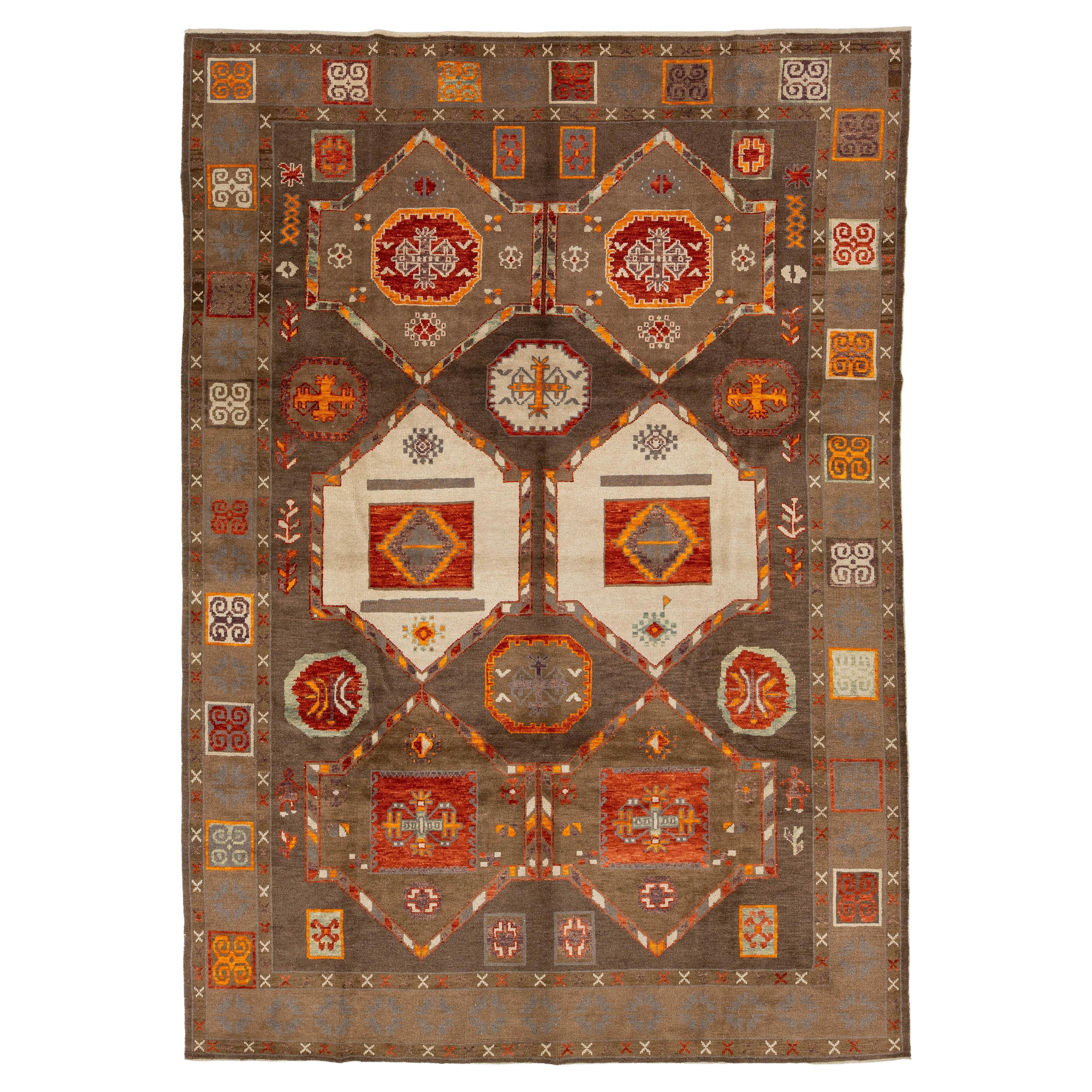 Modern Turkish Kars Hand-Knotted Wool Rug - Earthy Brown 
Terracotta Geometric
