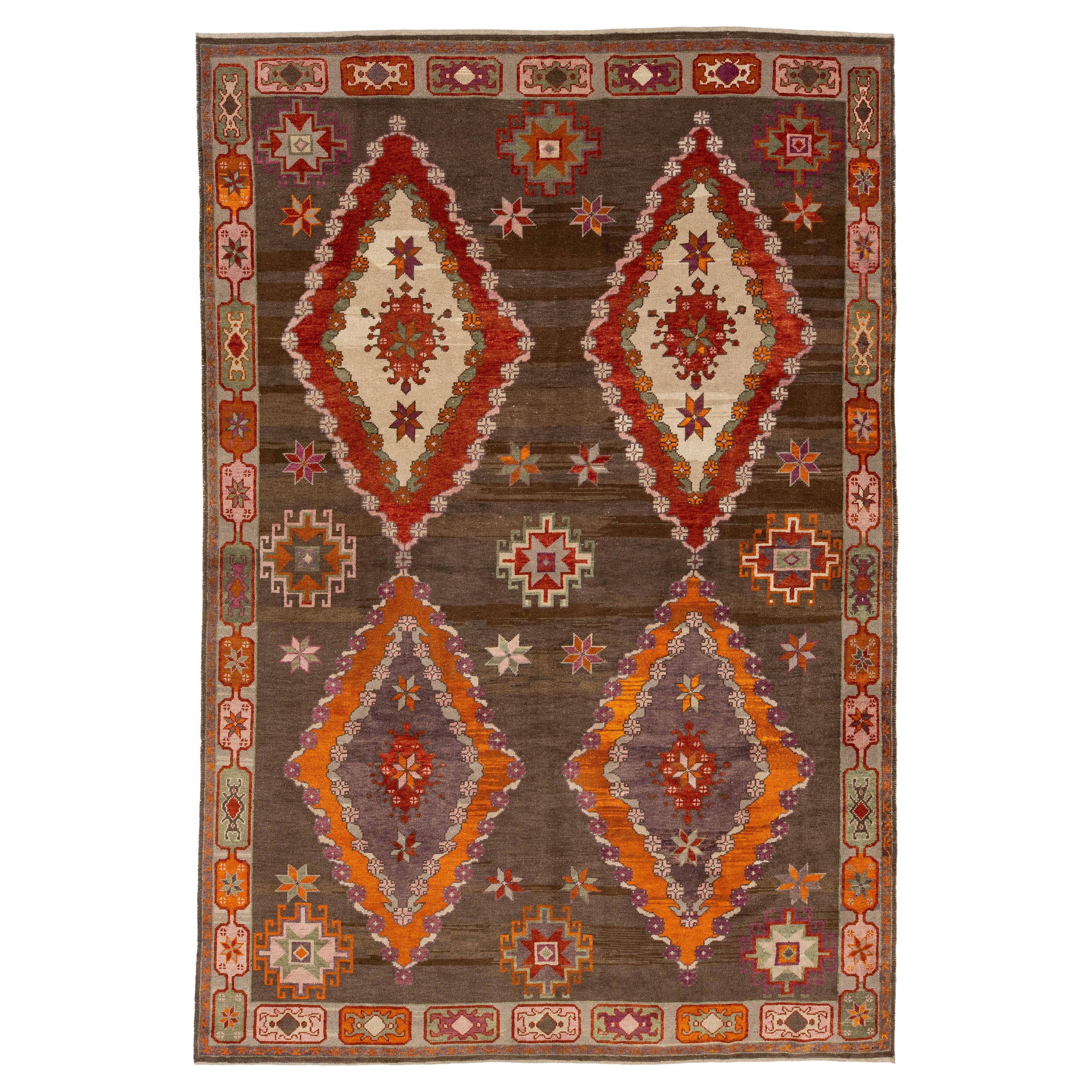 Modern Turkish Kars Hand-Knotted Wool Rug – Earthy Geometric Medallion Design For Sale