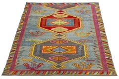 Modern Turkish Kars Hand-Knotted Wool Rug - Geometric Medallion Design in Blue