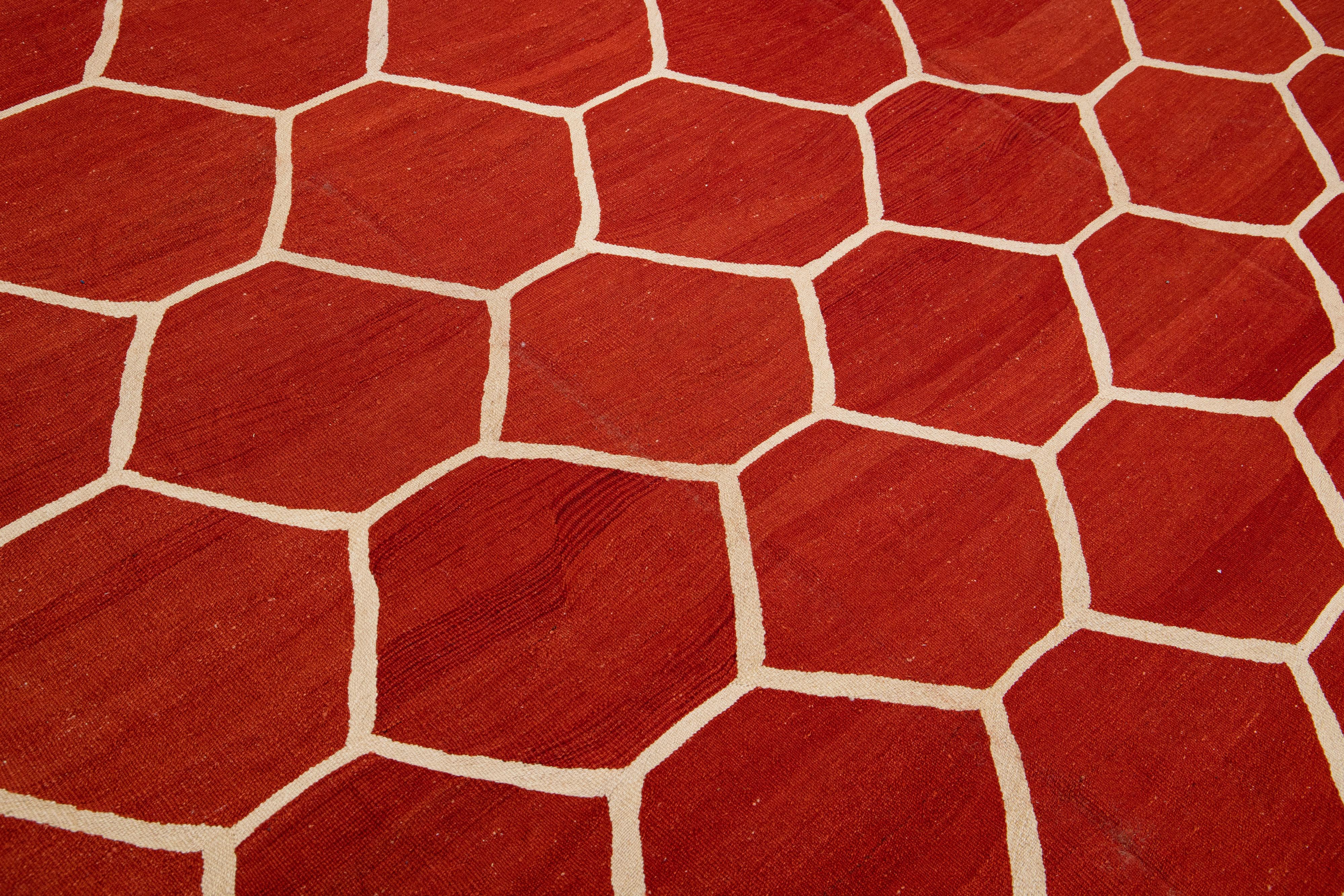 Modern Turkish Kilim Flatweave Geometric Pattern Orange Rust Wool Rug For Sale 5