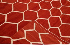 Modern Turkish Kilim Flatweave Geometric Pattern Orange Rust Wool Rug