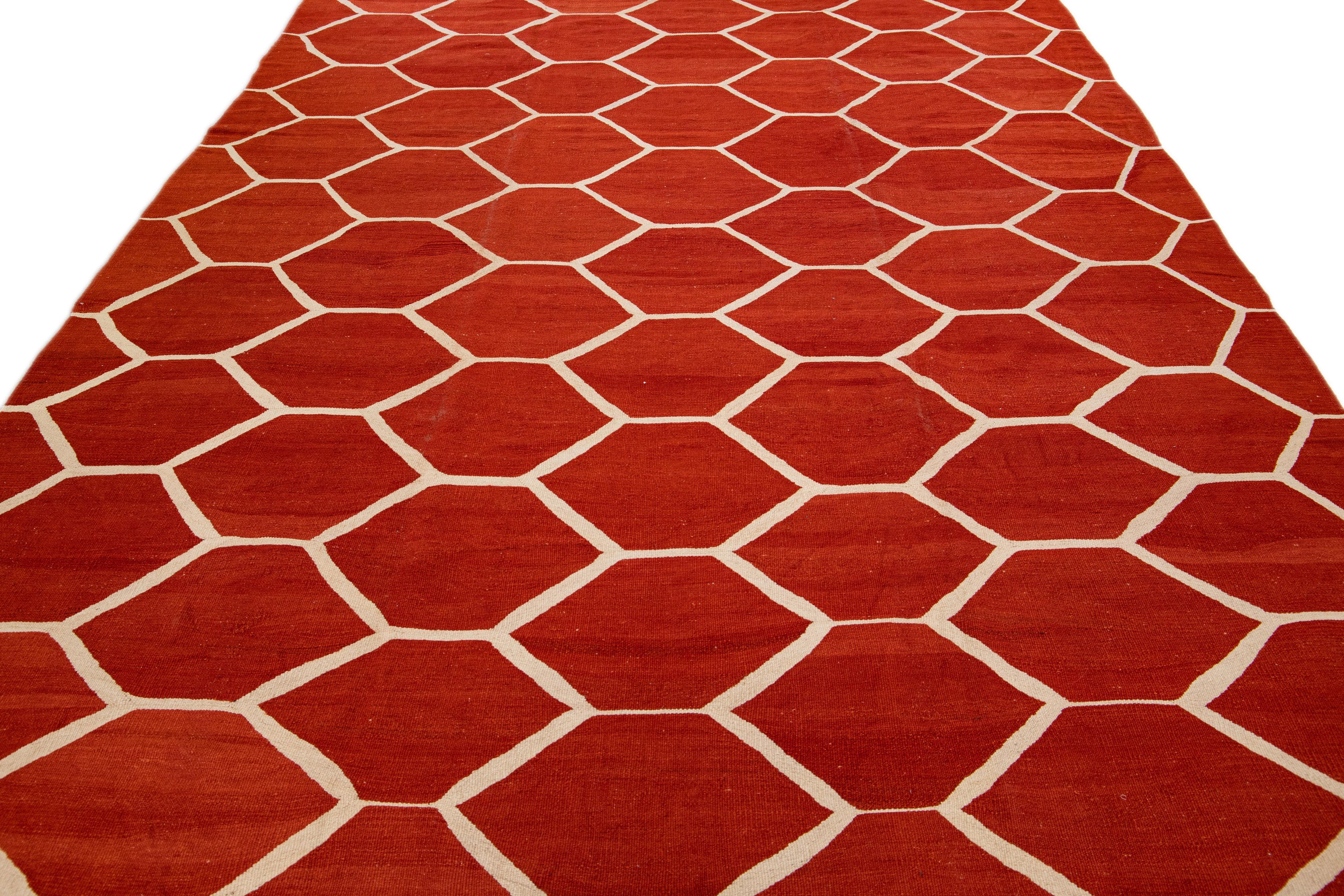 Hand-Knotted Modern Turkish Kilim Flatweave Geometric Pattern Orange Rust Wool Rug For Sale