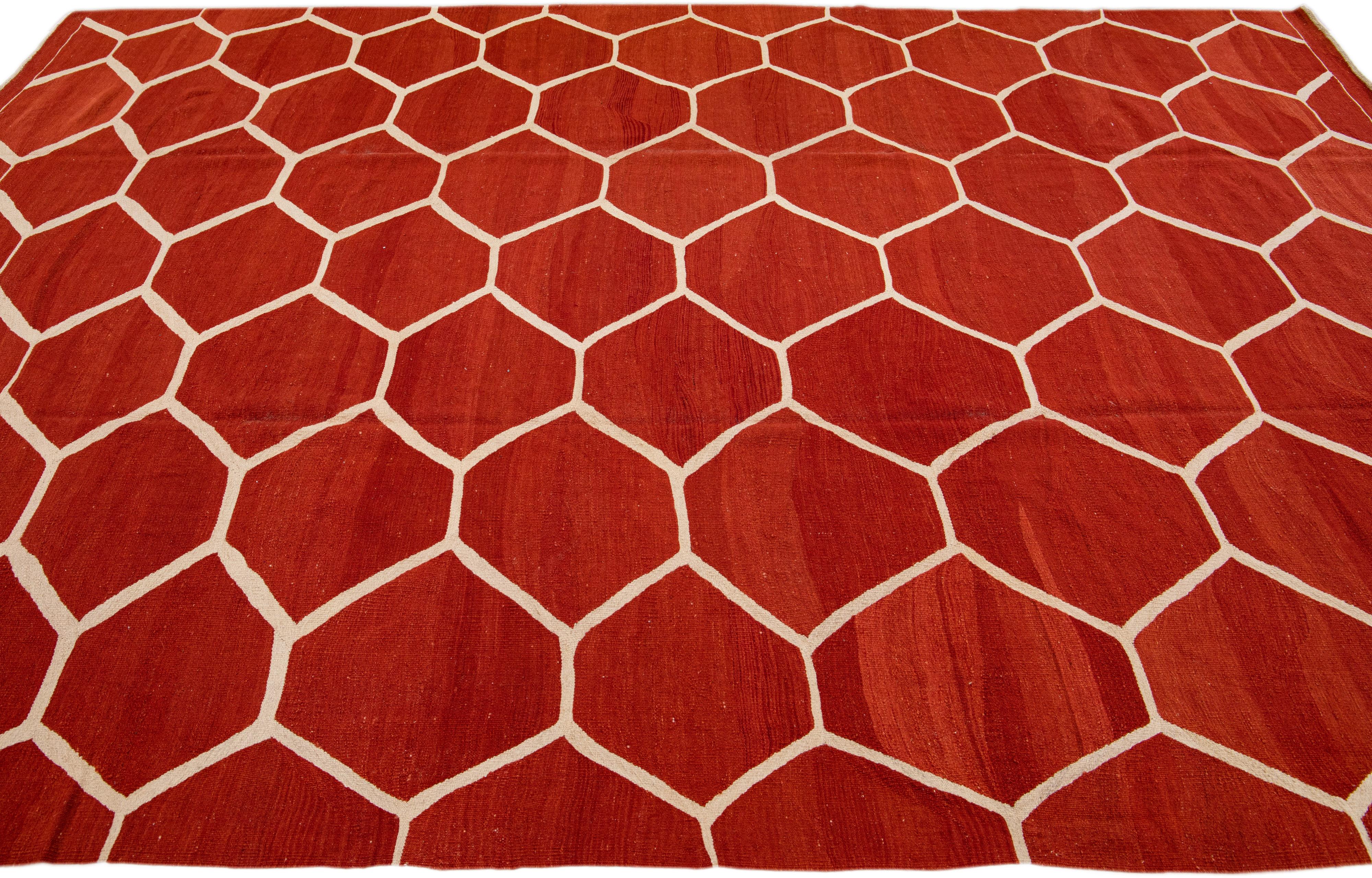 Contemporary Modern Turkish Kilim Flatweave Geometric Pattern Orange Rust Wool Rug For Sale