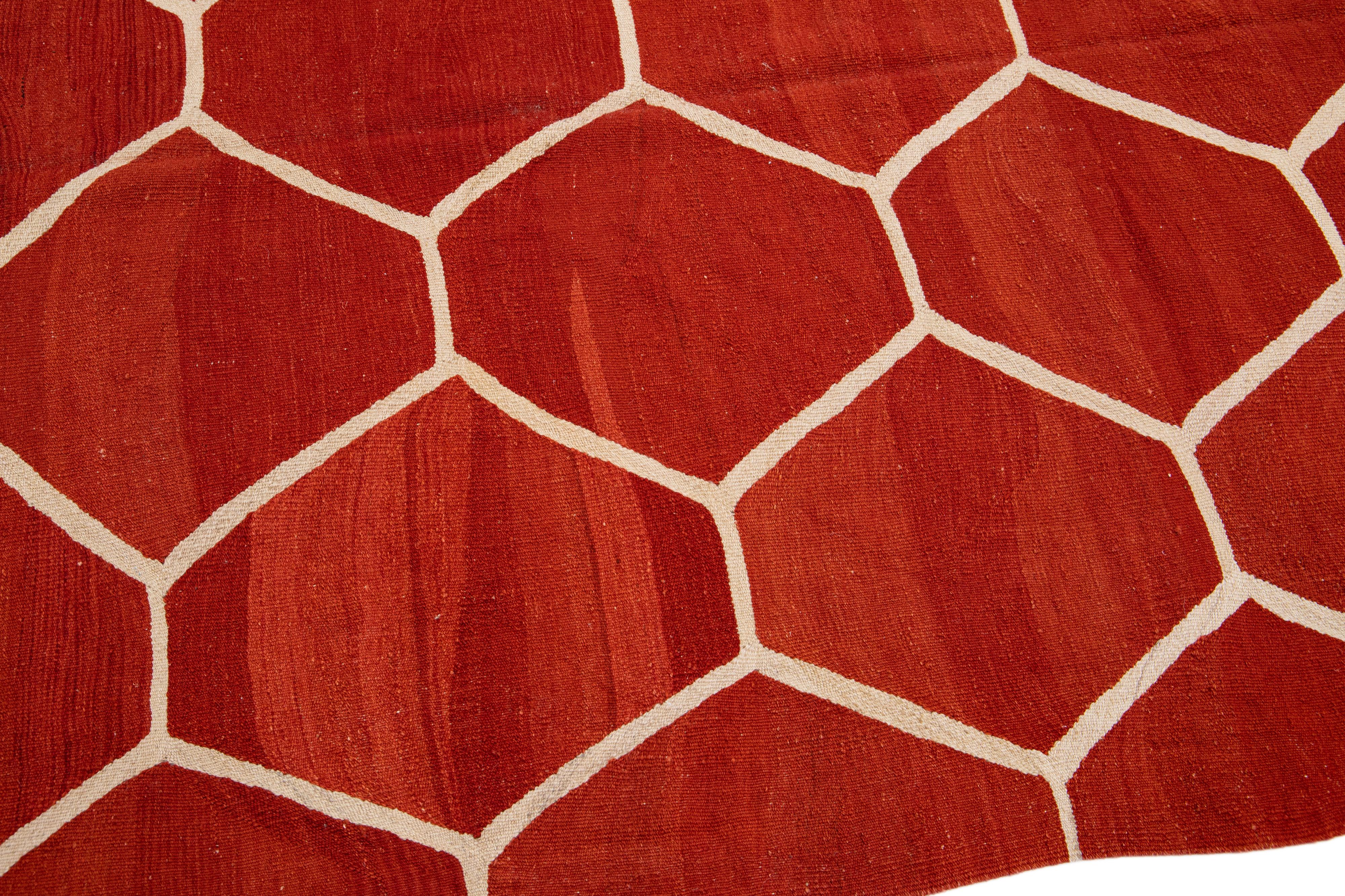 Modern Turkish Kilim Flatweave Geometric Pattern Orange Rust Wool Rug For Sale 1