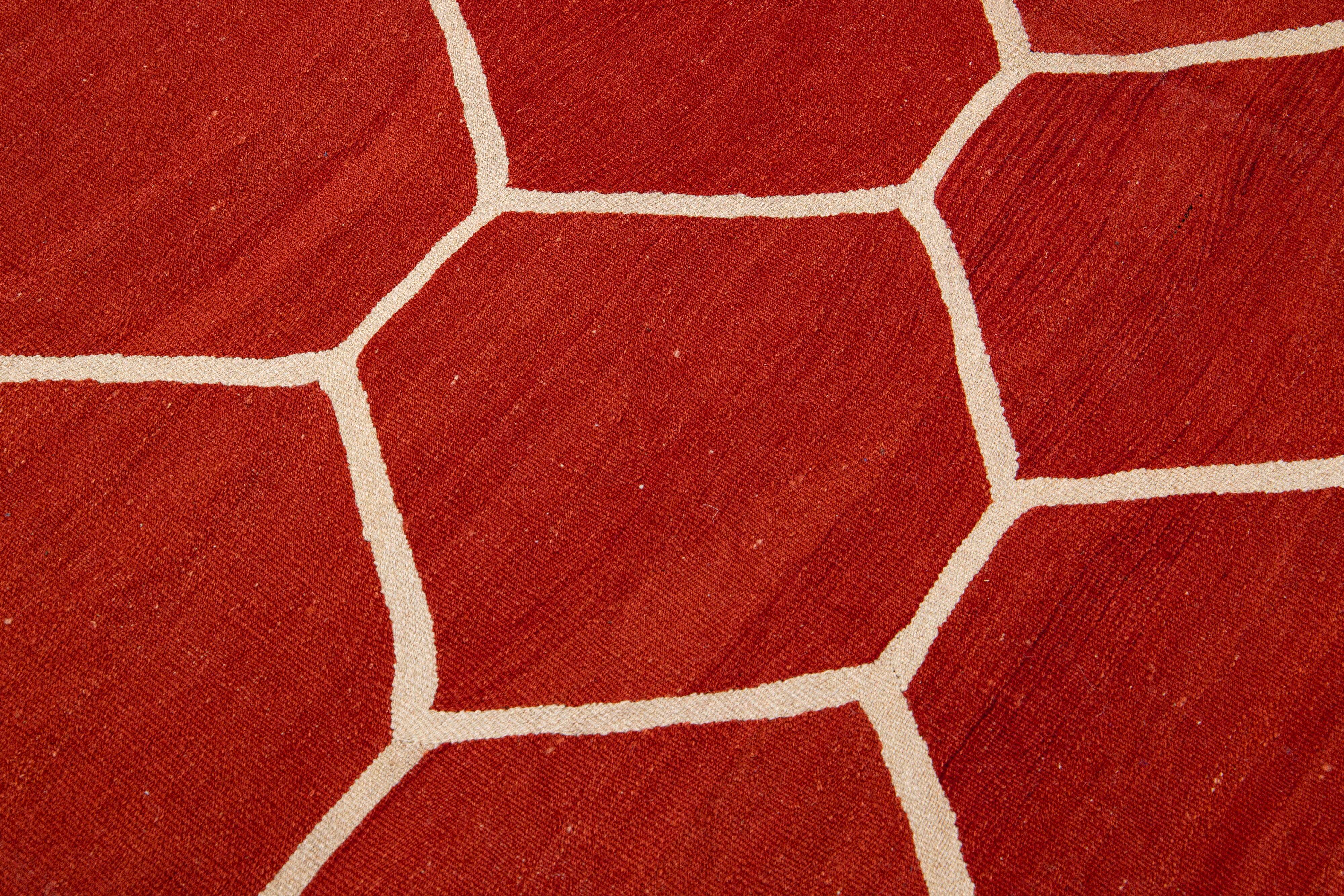 Modern Turkish Kilim Flatweave Geometric Pattern Orange Rust Wool Rug For Sale 2
