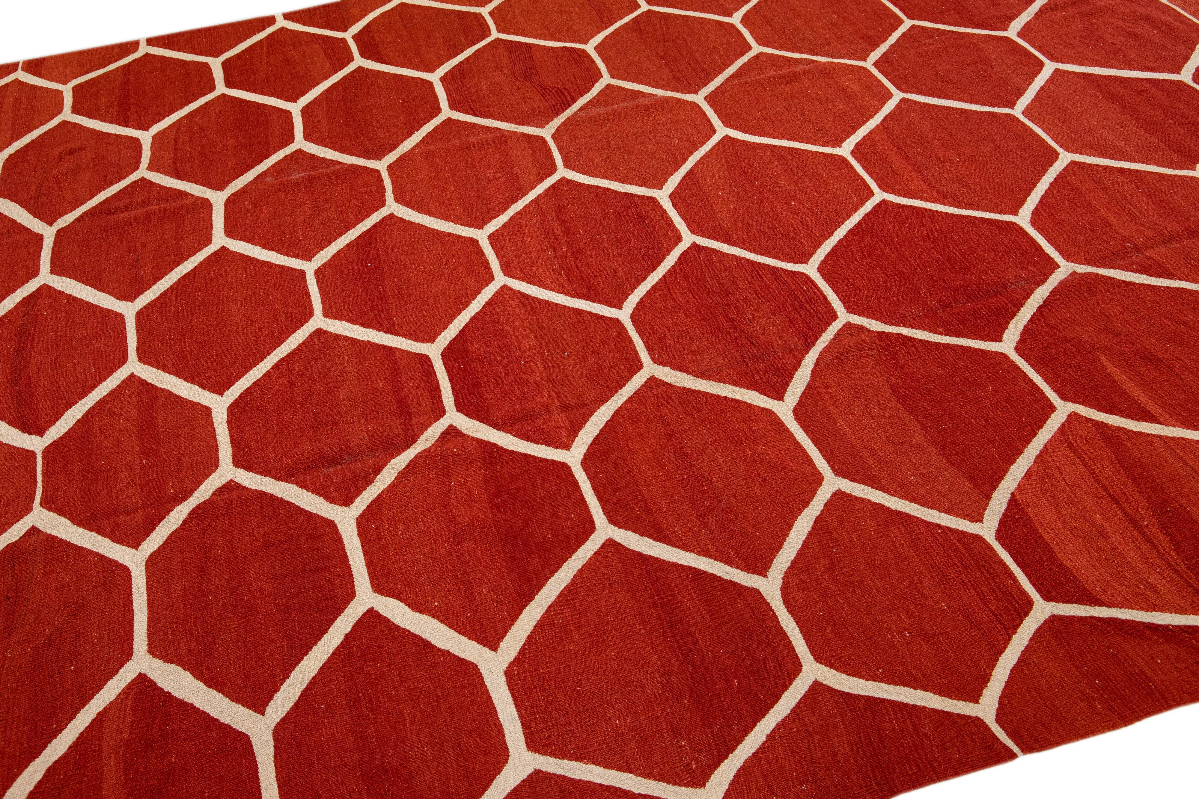 Modern Turkish Kilim Flatweave Geometric Pattern Orange Rust Wool Rug For Sale 3