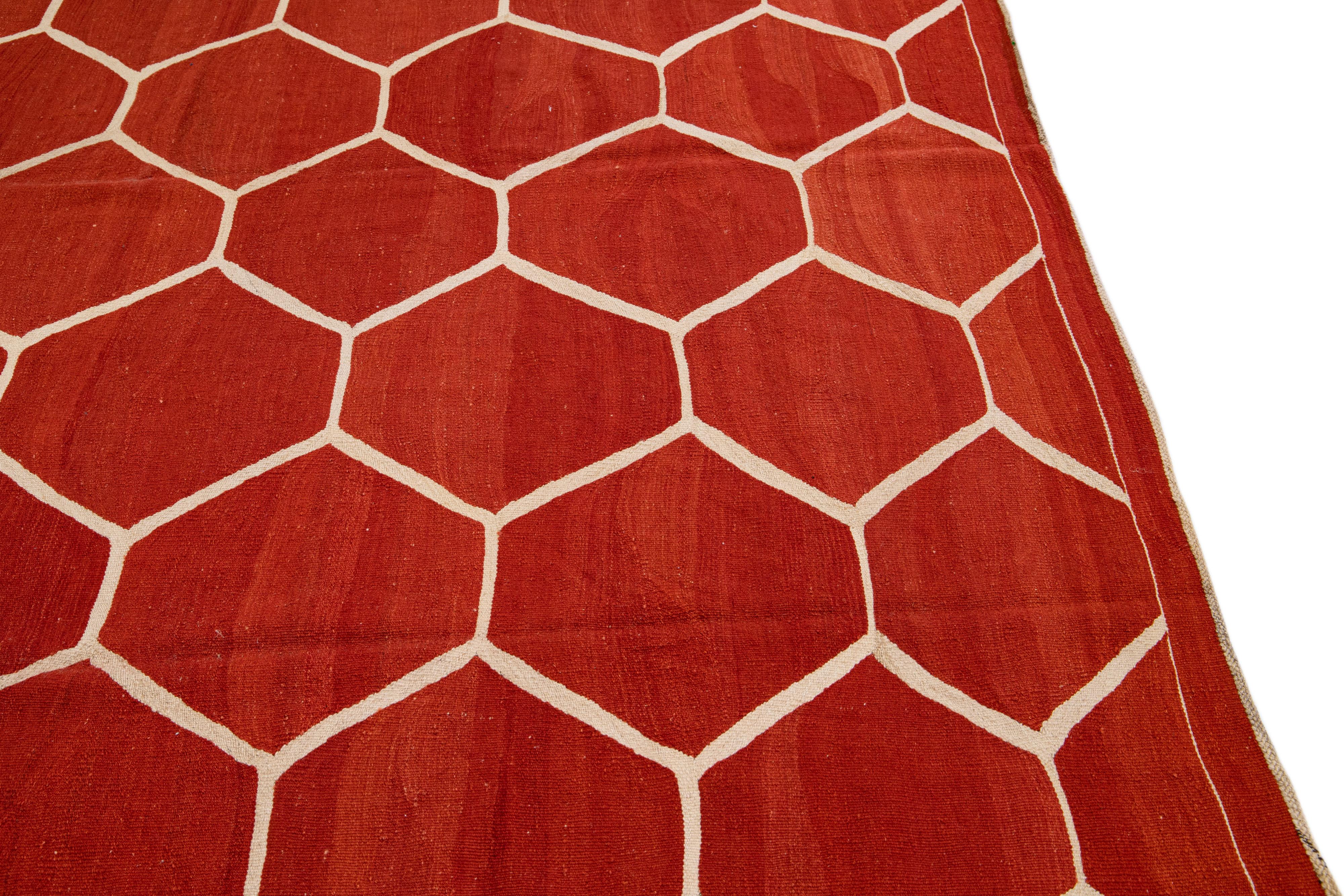 Modern Turkish Kilim Flatweave Geometric Pattern Orange Rust Wool Rug For Sale 4