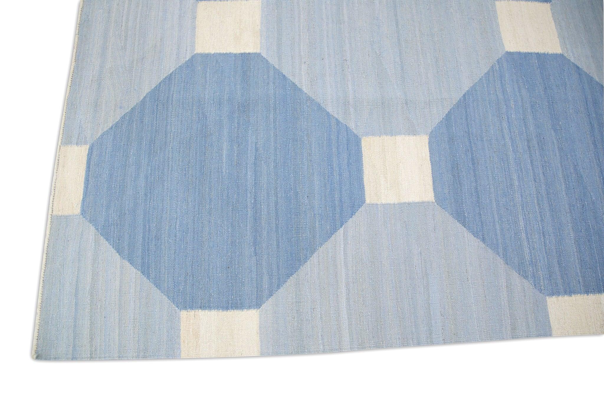 Modern Turkish Kilim Rug Blue Geometric Design aFlatweave  9'4