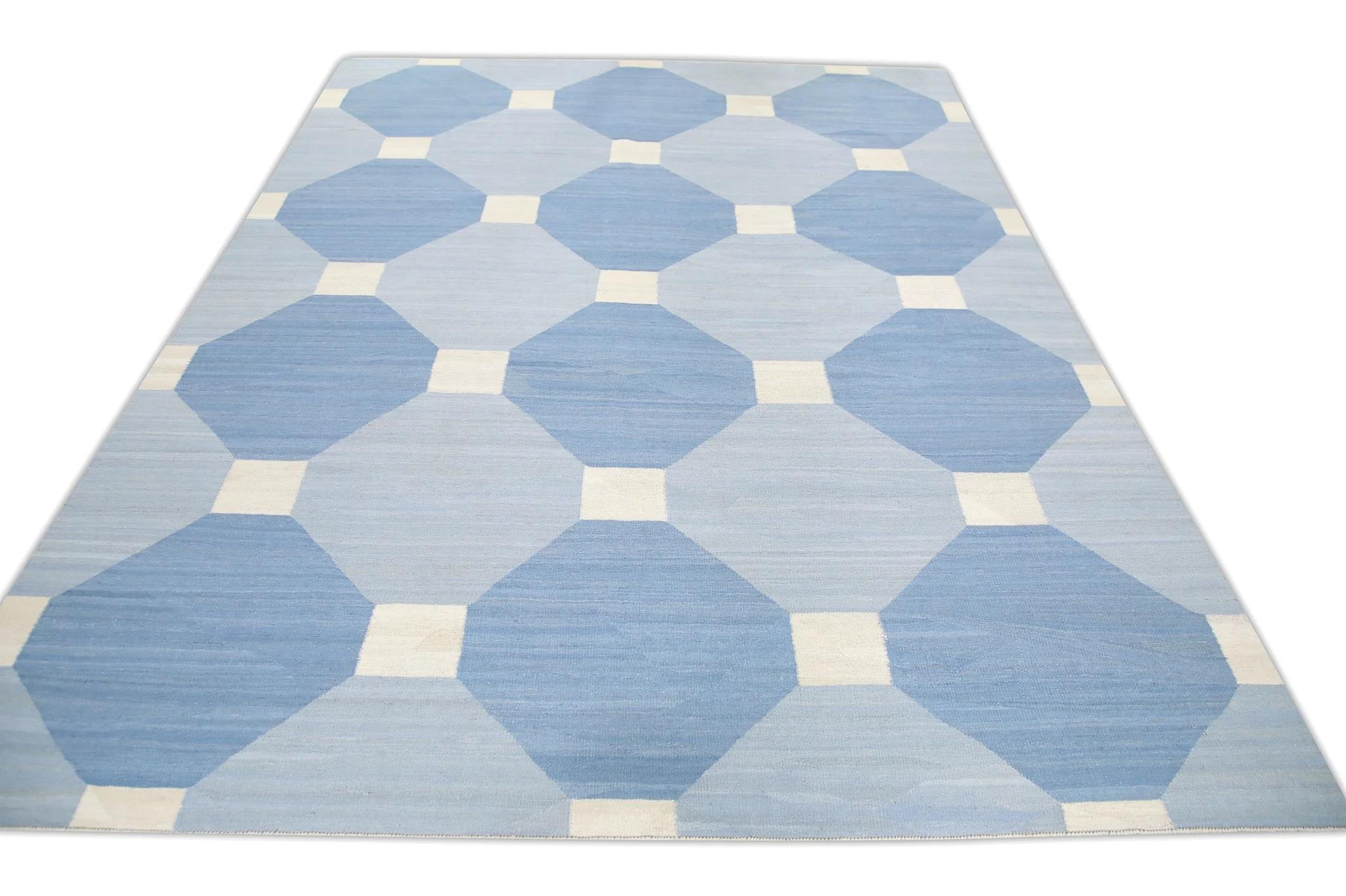 Wool Modern Turkish Kilim Rug Blue Geometric Design aFlatweave  9'4
