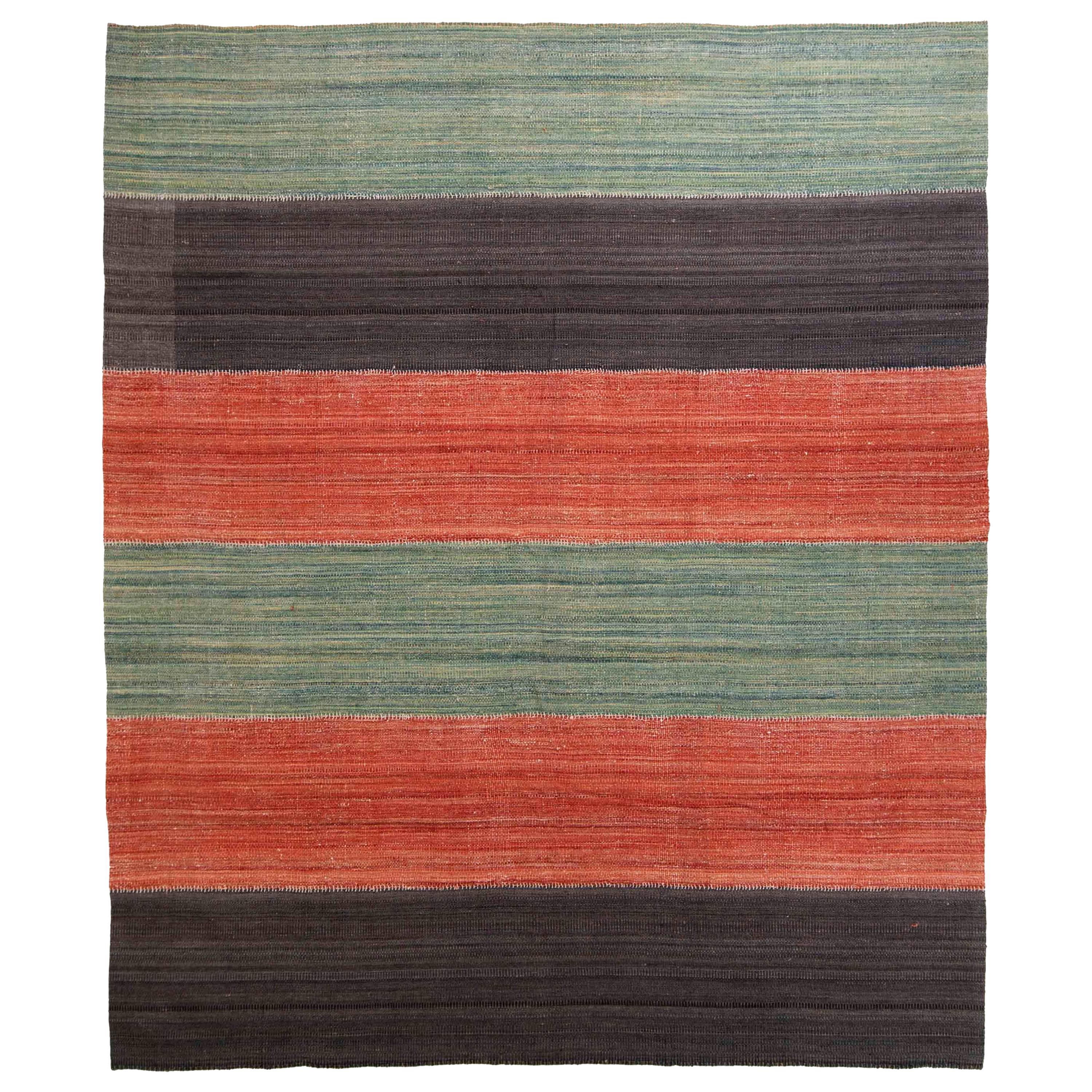 Modern Turkish Kilim Rug in Black, Red and Green Flat-Weave Stripes Pattern For Sale