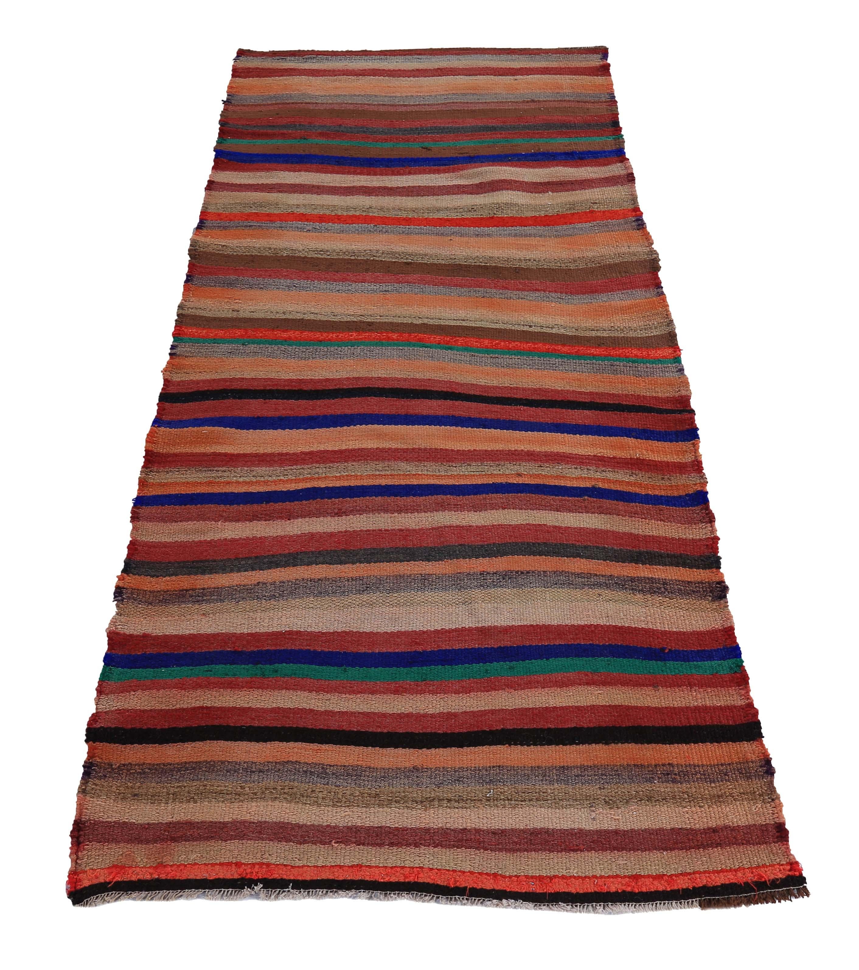 Modern Turkish rug handwoven from the finest sheep’s wool and colored with all-natural vegetable dyes that are safe for humans and pets. It’s a traditional Kilim flat-weave design in orange, red and blue stripes. It’s a stunning piece to get for