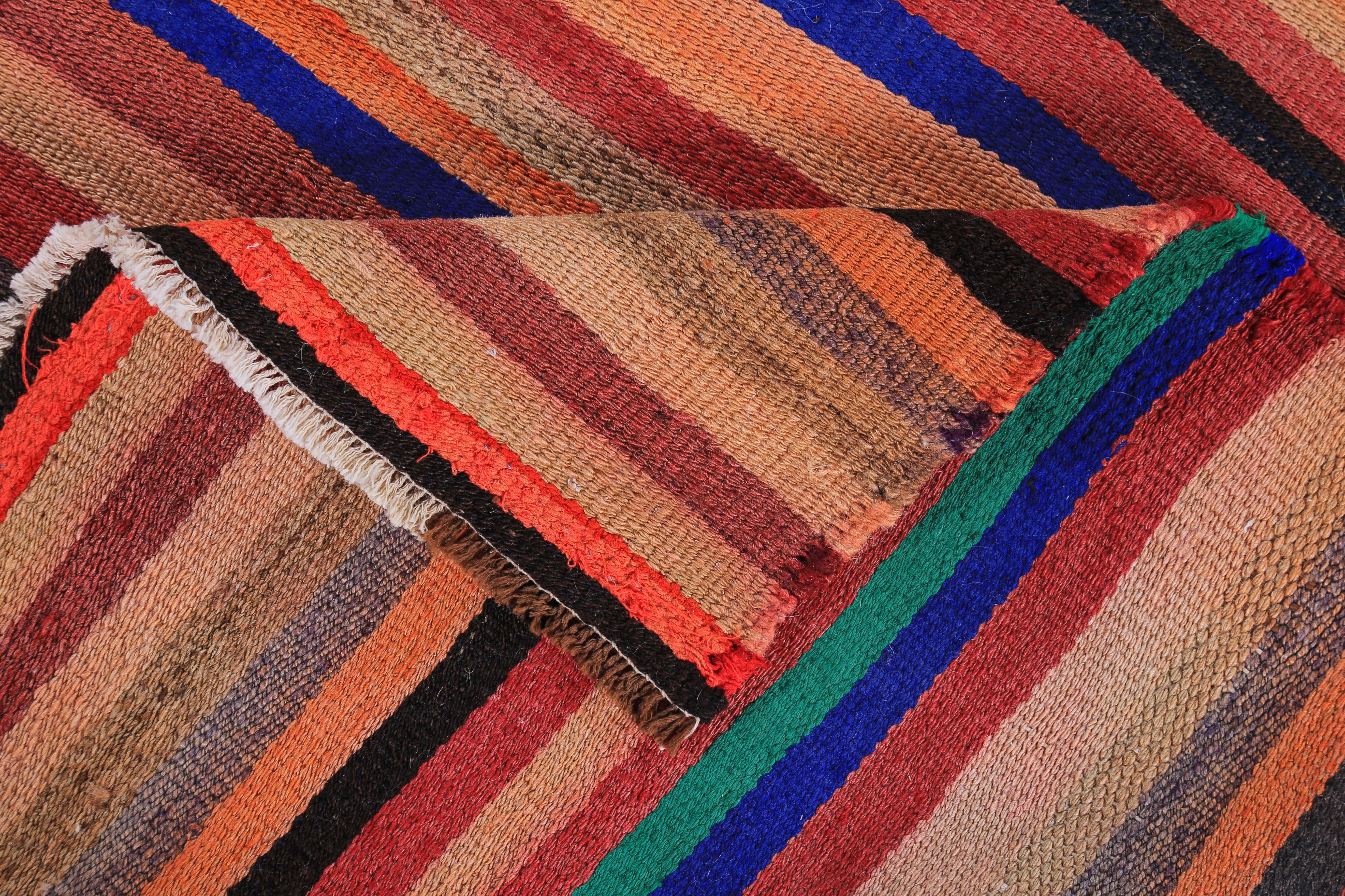 Hand-Woven Modern Turkish Kilim Rug in Orange, Red and Blue Stripes For Sale