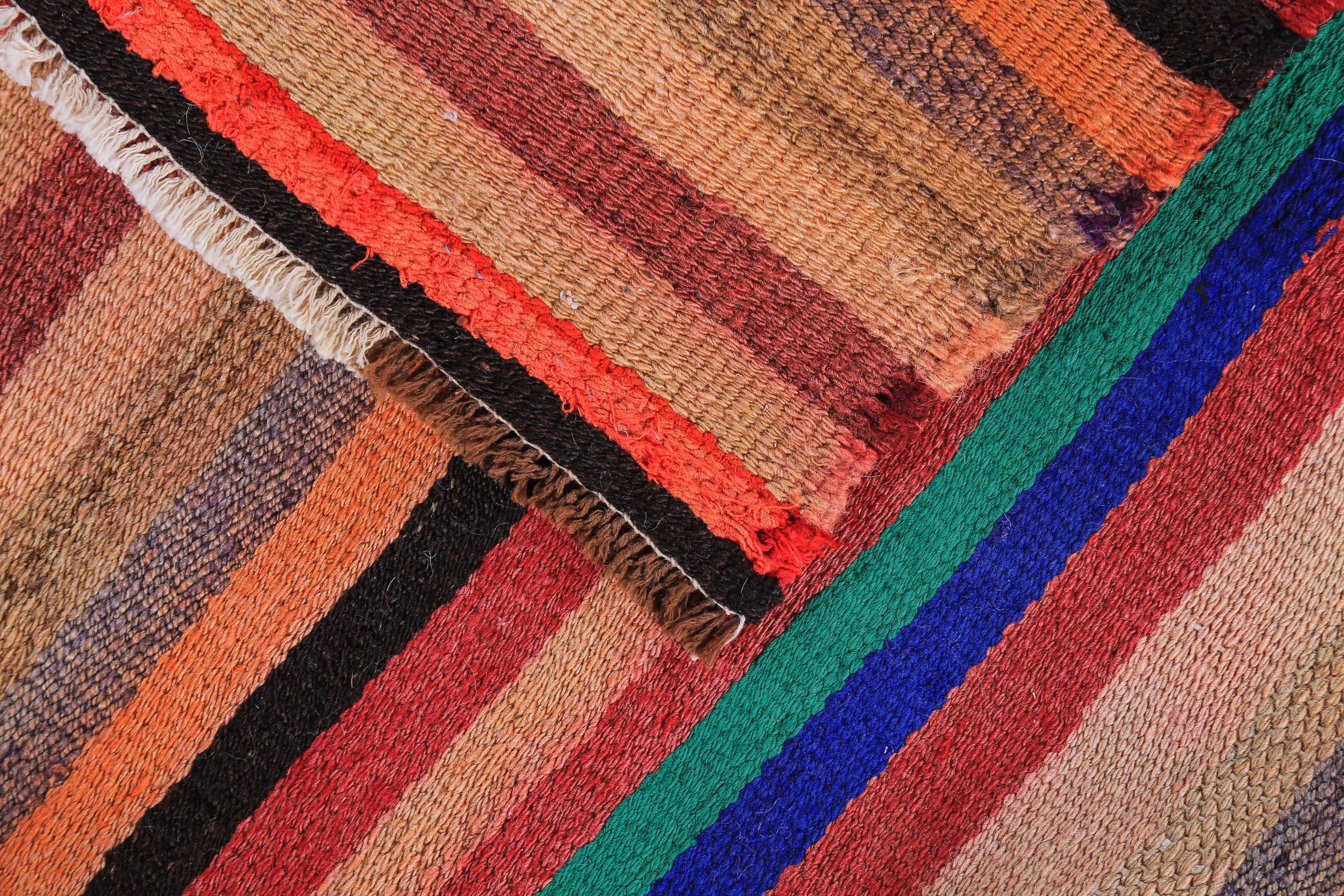 Contemporary Modern Turkish Kilim Rug in Orange, Red and Blue Stripes For Sale