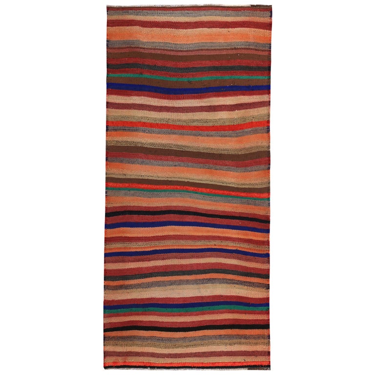 Modern Turkish Kilim Rug in Orange, Red and Blue Stripes For Sale at 1stDibs
