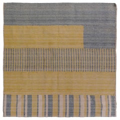 Modern Turkish Kilim Rug in Yellow and Blue Flat-Weave Stripes Pattern