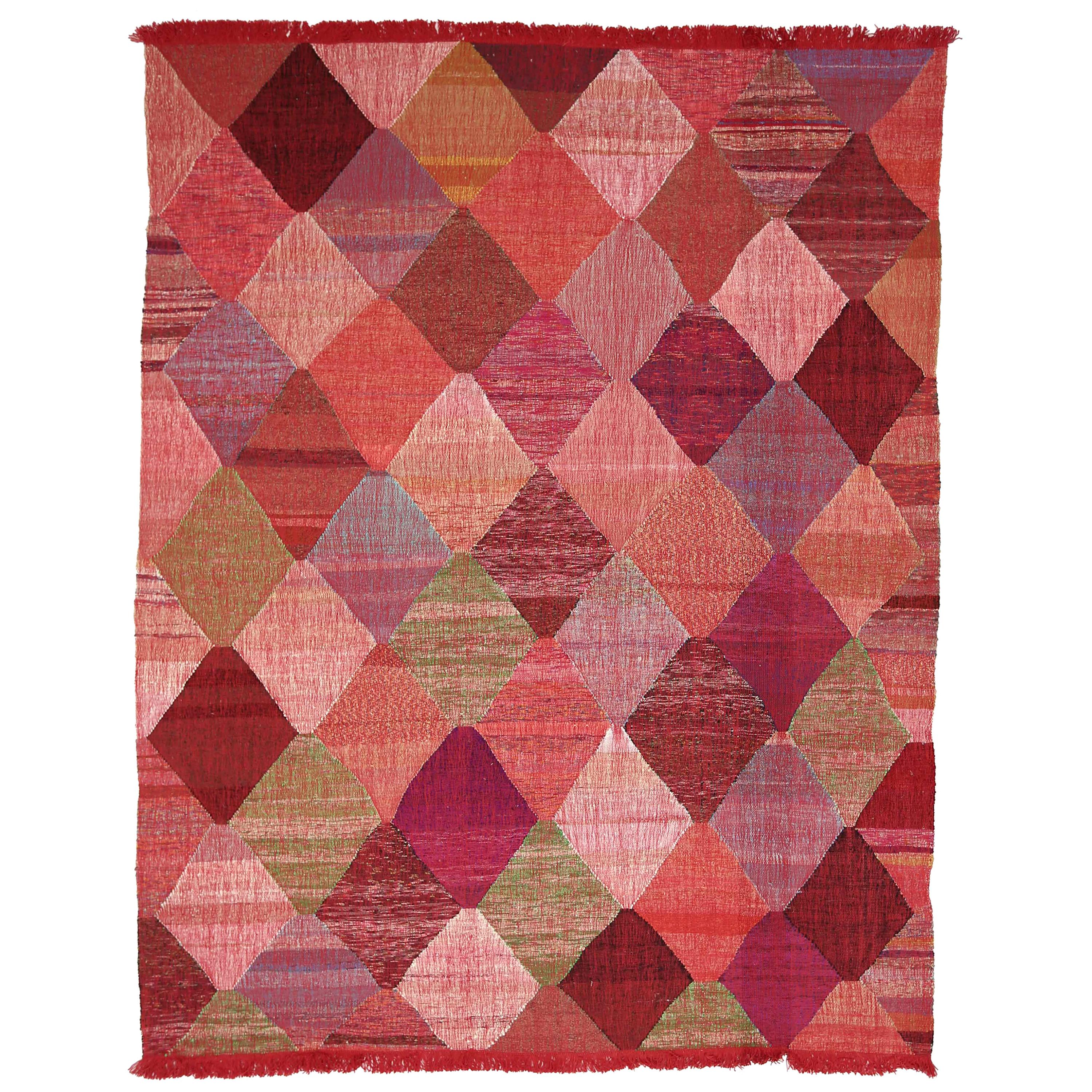 Modern Turkish Kilim Rug Made of Antique Wool with Colored Diamond Details