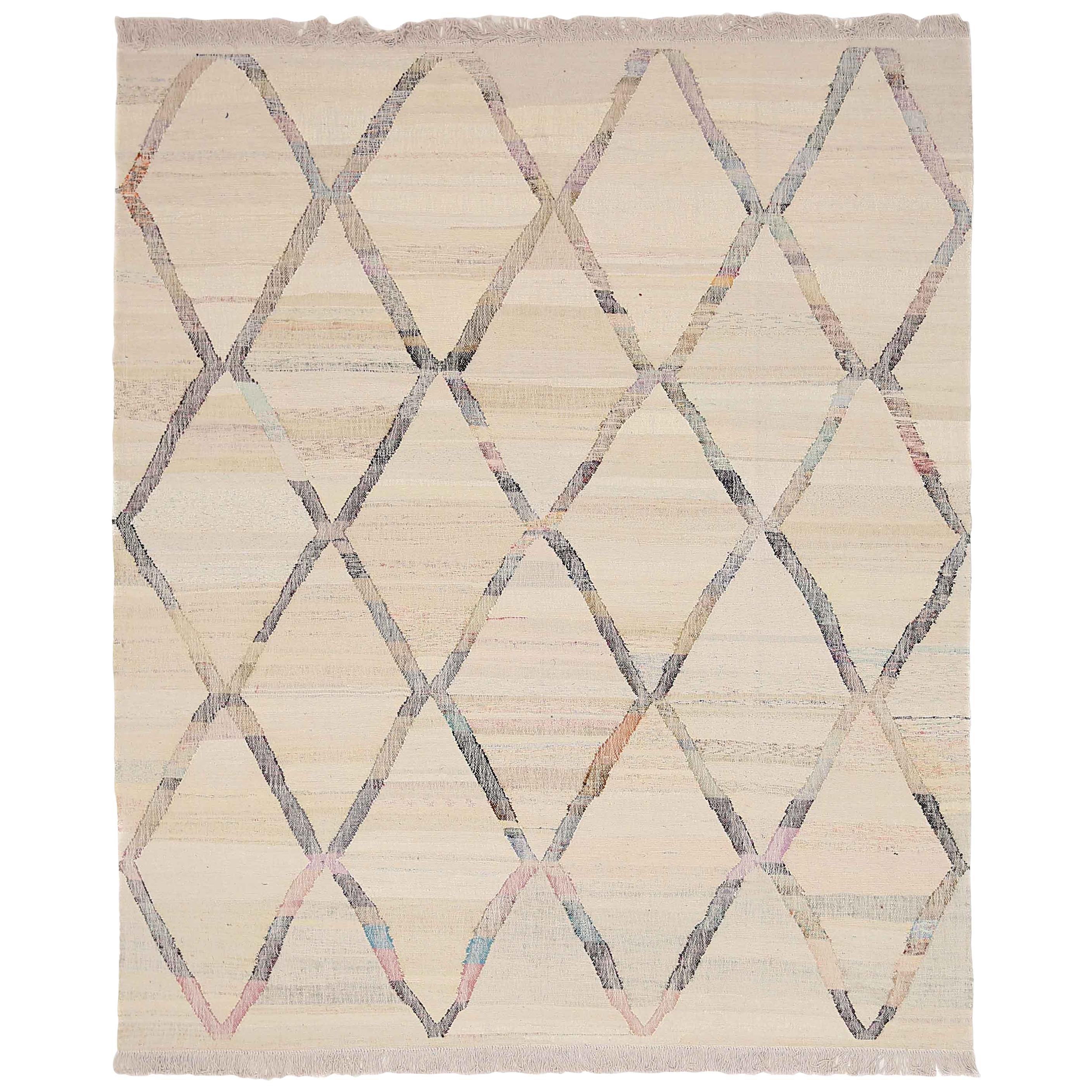 Modern Turkish Kilim Rug Made of Antique Wool with Colored Diamond Mesh Detail For Sale