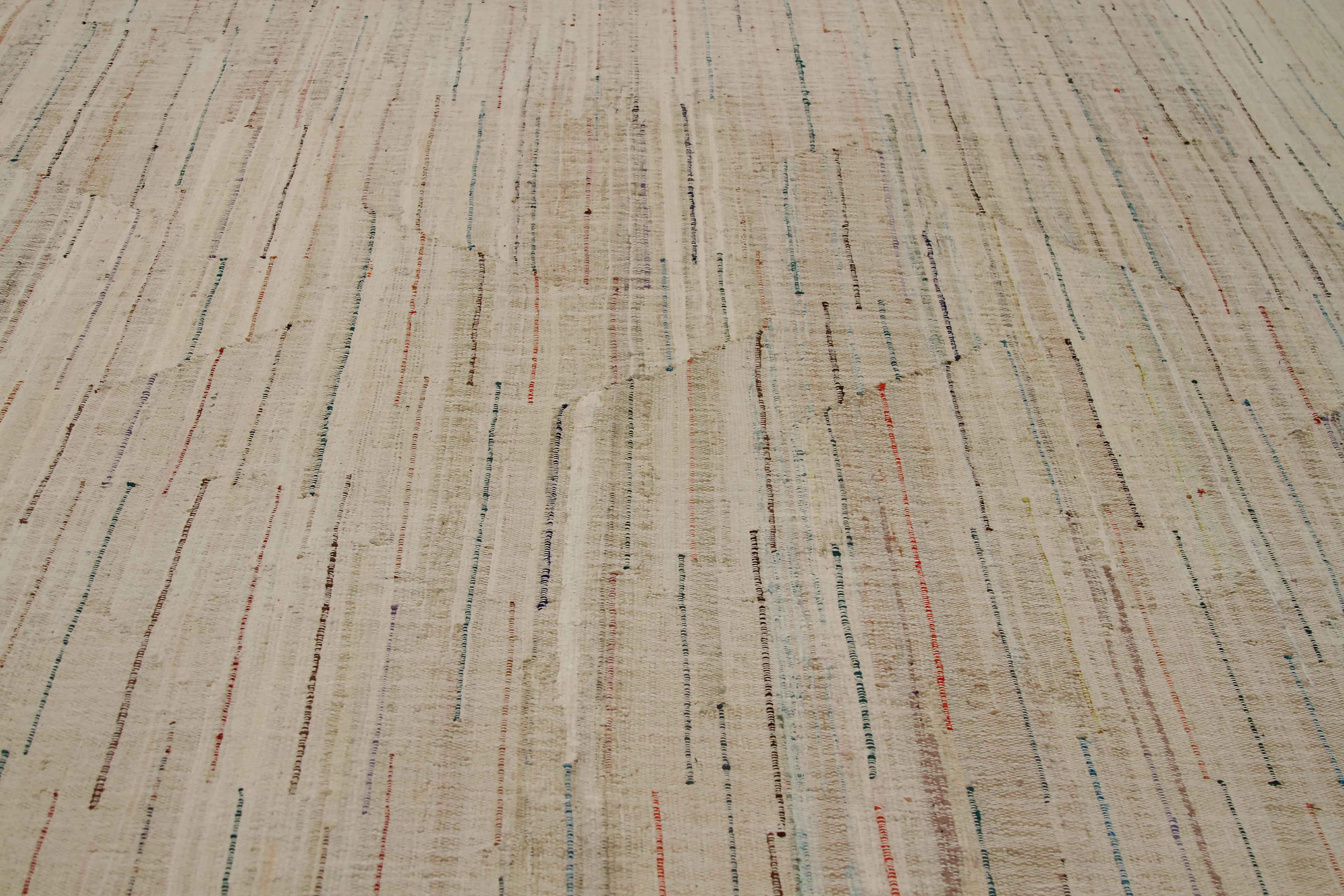Hand-Woven Modern Turkish Kilim Rug Made of Antique Wool with Colored Lines For Sale