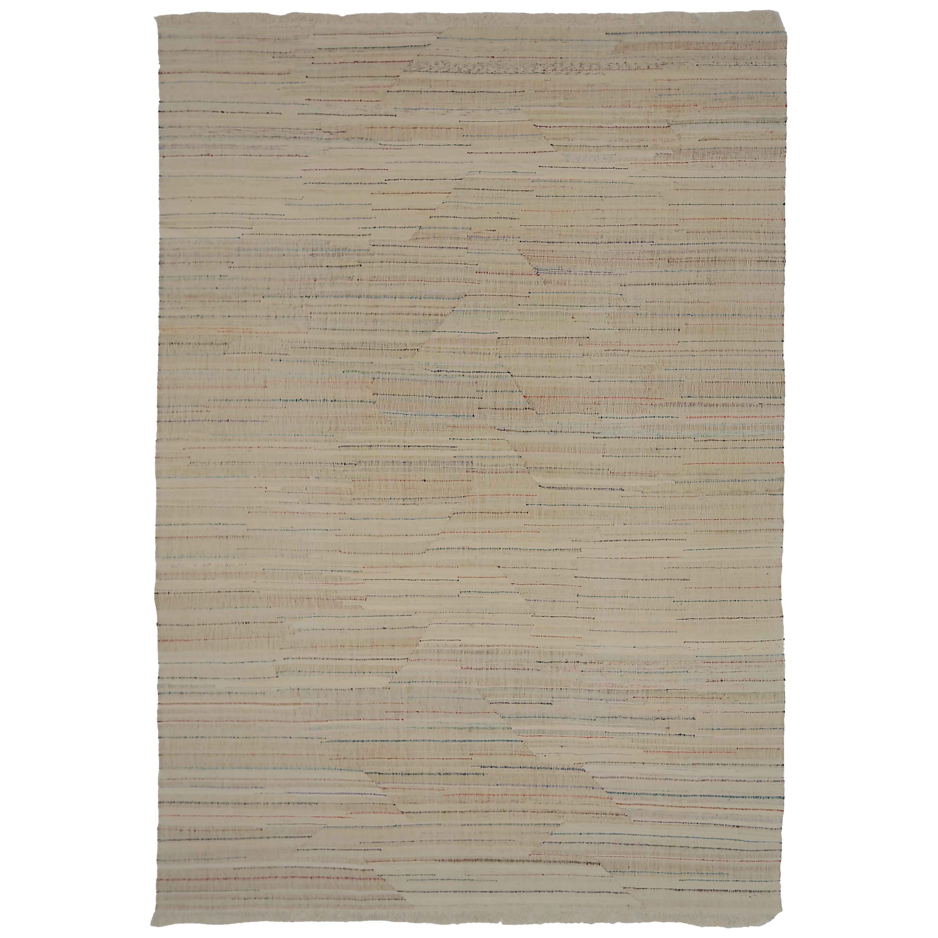 Modern Turkish Kilim Rug Made of Antique Wool with Colored Lines