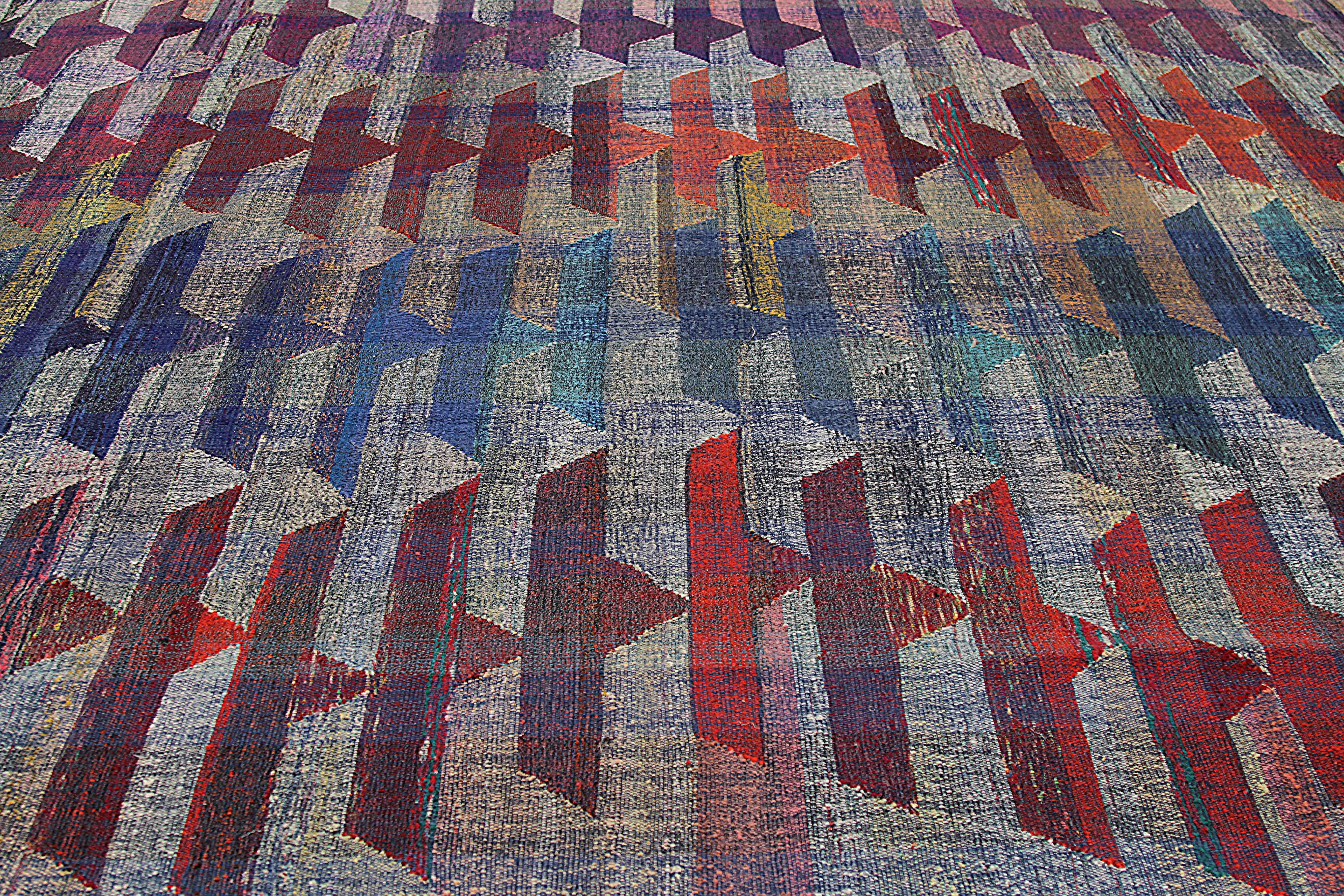Hand-Woven Modern Turkish Kilim Rug Made of Antique Wool with Colored Paper Boats Pattern For Sale