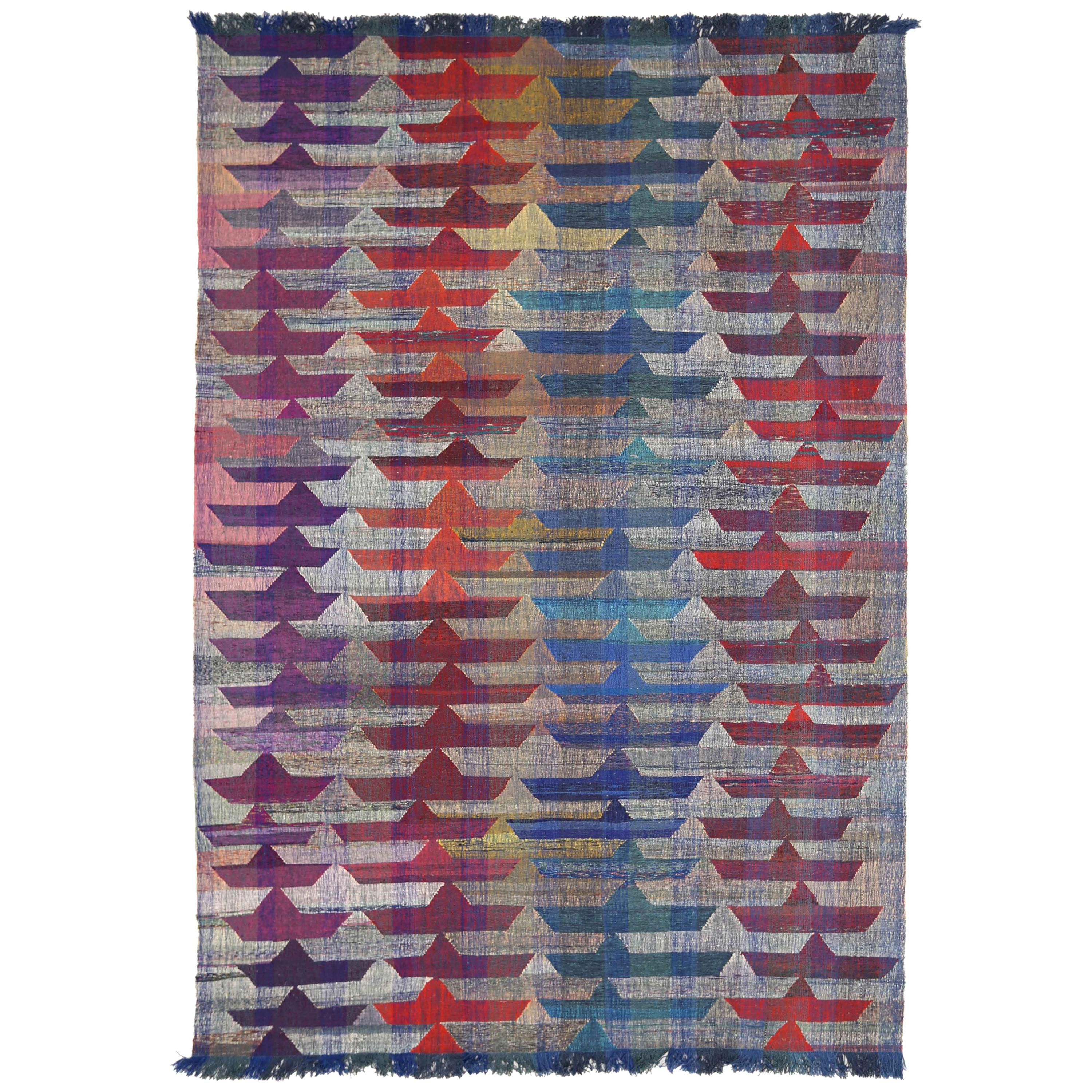 Modern Turkish Kilim Rug Made of Antique Wool with Colored Paper Boats Pattern For Sale