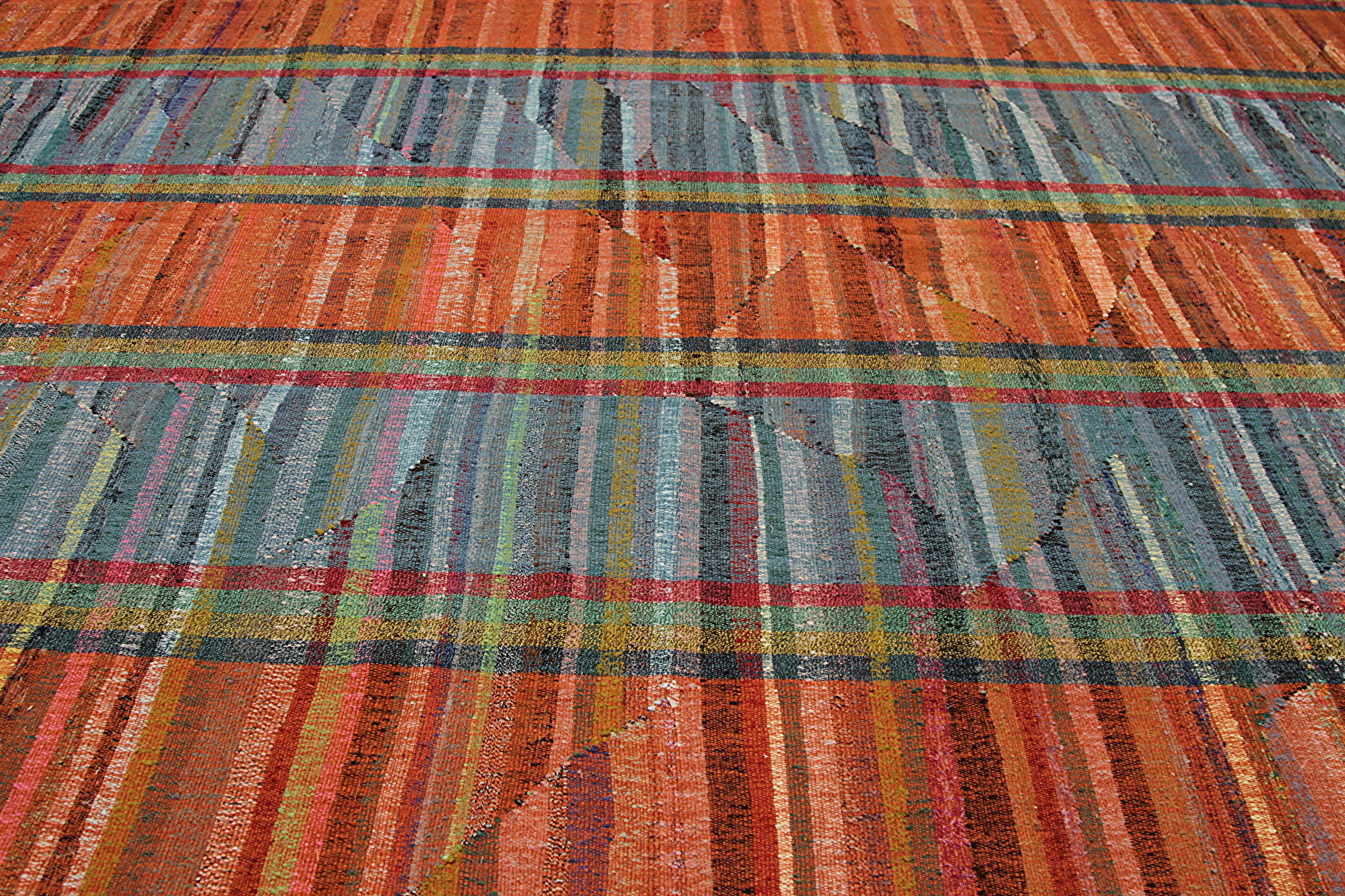 Hand-Woven Modern Turkish Kilim Rug Made of Antique Wool with Colored Stripes For Sale