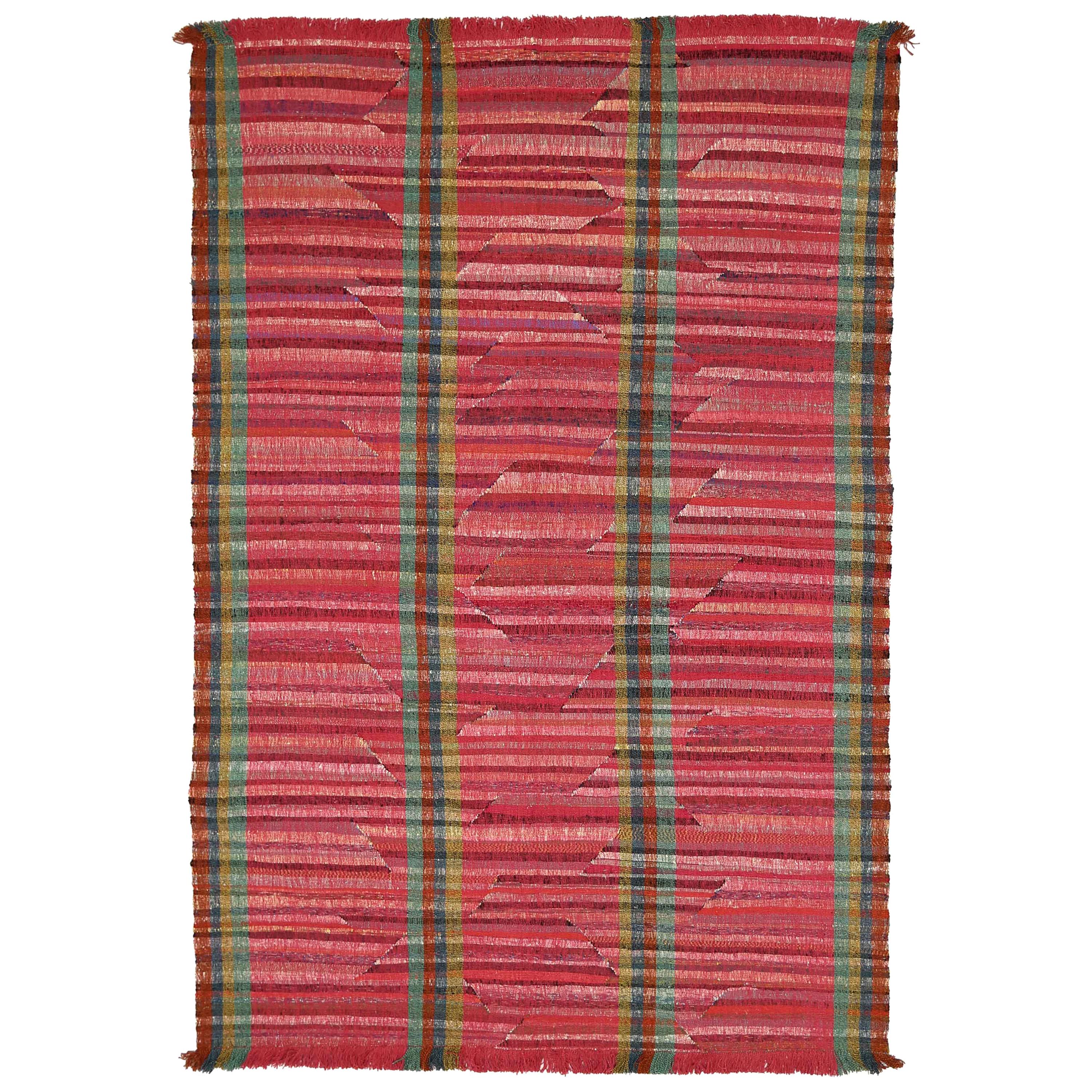 Tapis Kilim turc moderne fabriqué en laine ancienne avec des lignes multicolores