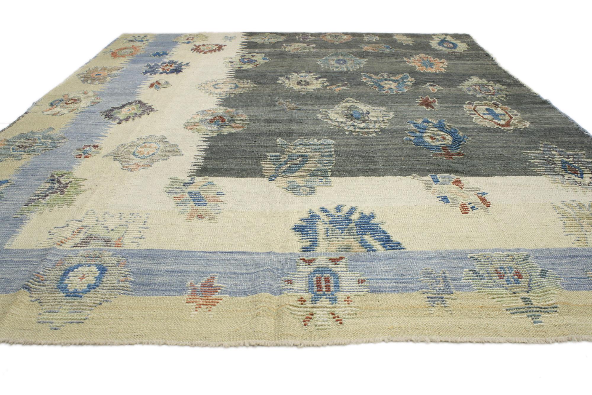 Hand-Woven Modern Turkish Kilim Rug, Tribal Enchantment Meets Wabi-Sabi For Sale