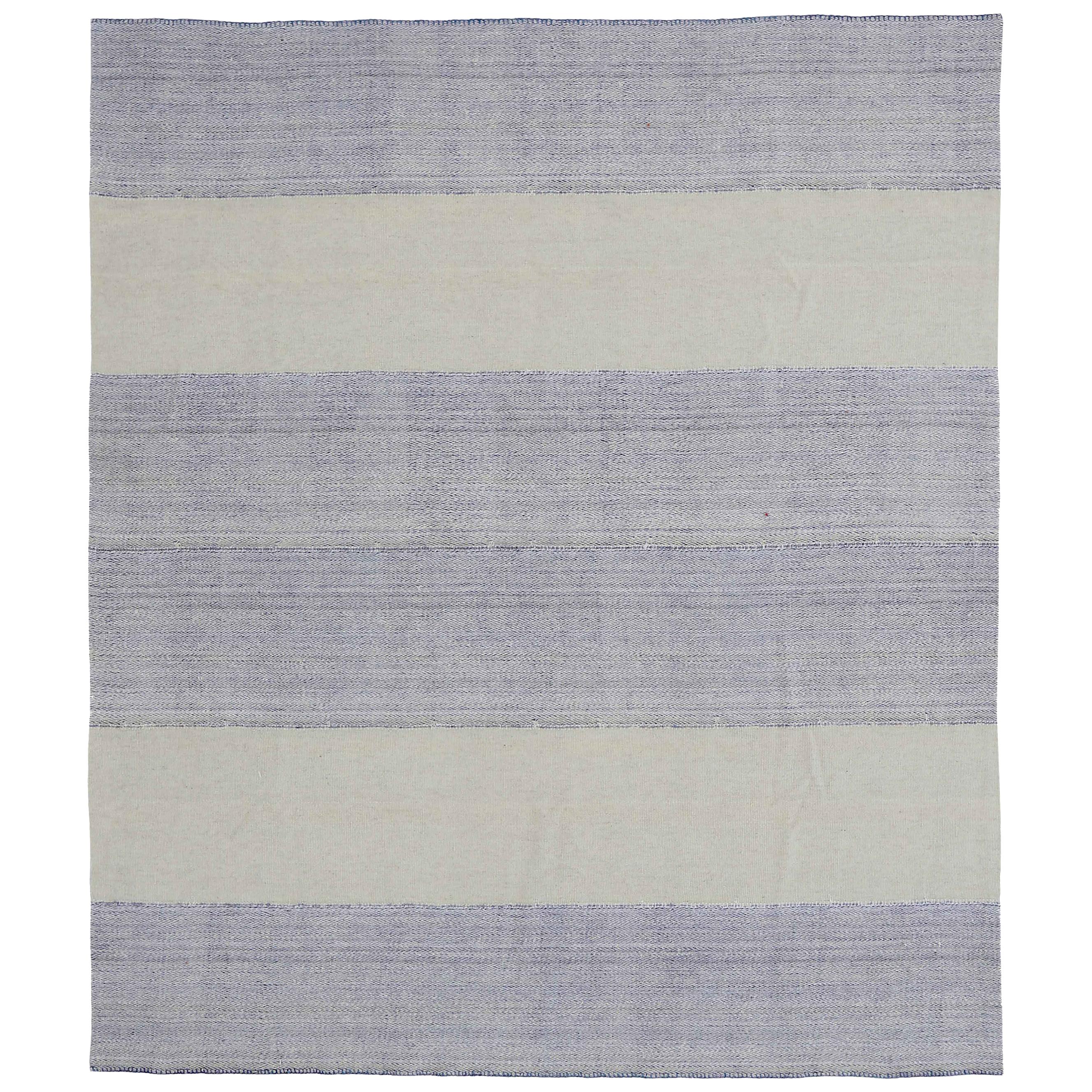 Alfombra Kilim Turca Moderna con 2 Bloques Beige sobre Campo Geométrico Azul