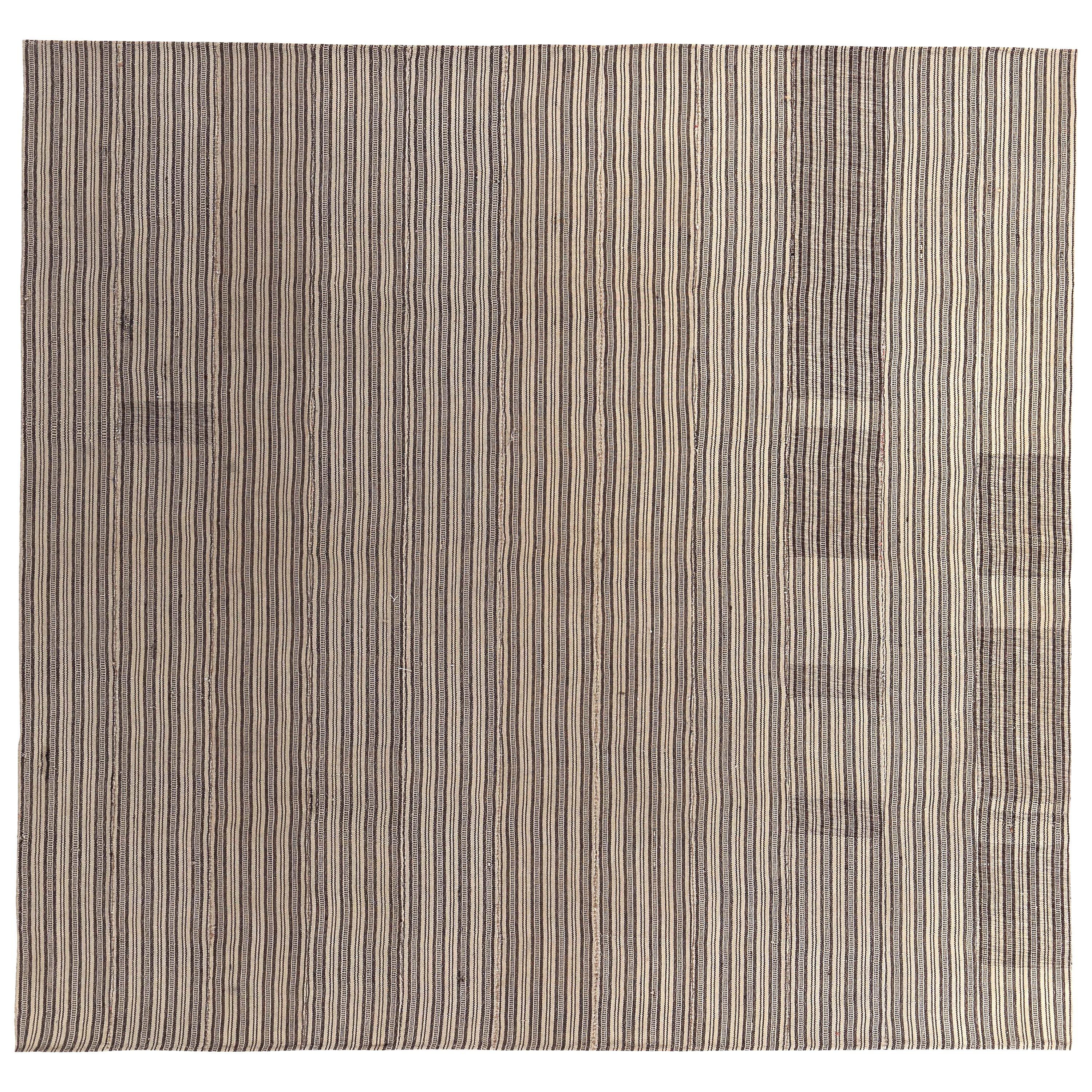 Modern Turkish Kilim Rug with Beige and Brown Pencil Stripes For Sale