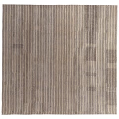 Modern Turkish Kilim Rug with Beige and Brown Pencil Stripes