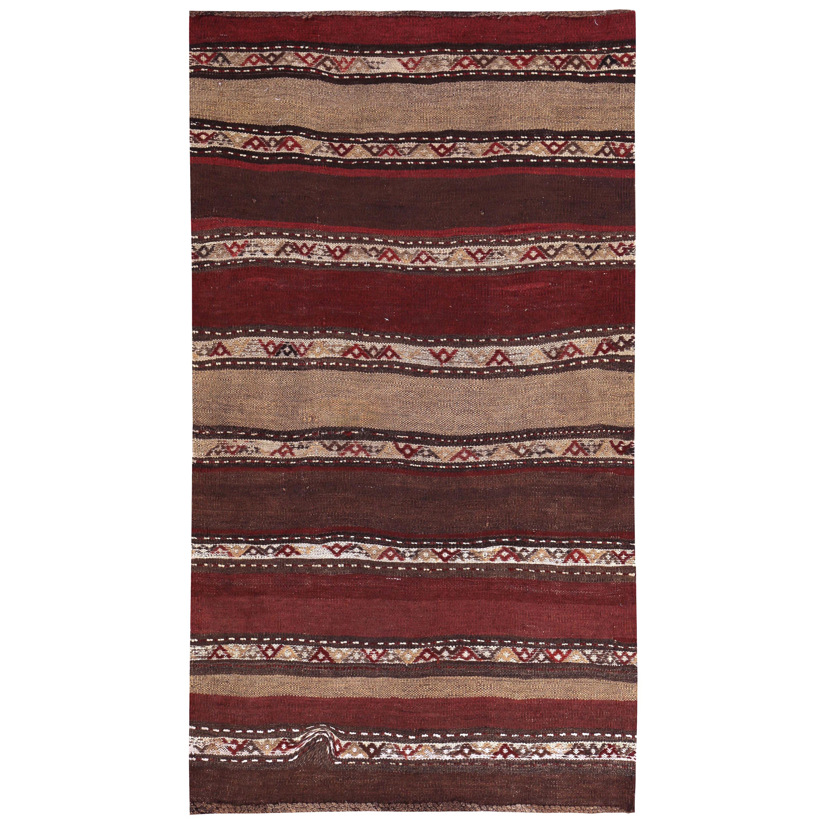 Modern Turkish Kilim Rug with Beige and Rust Stripe on Brown Field