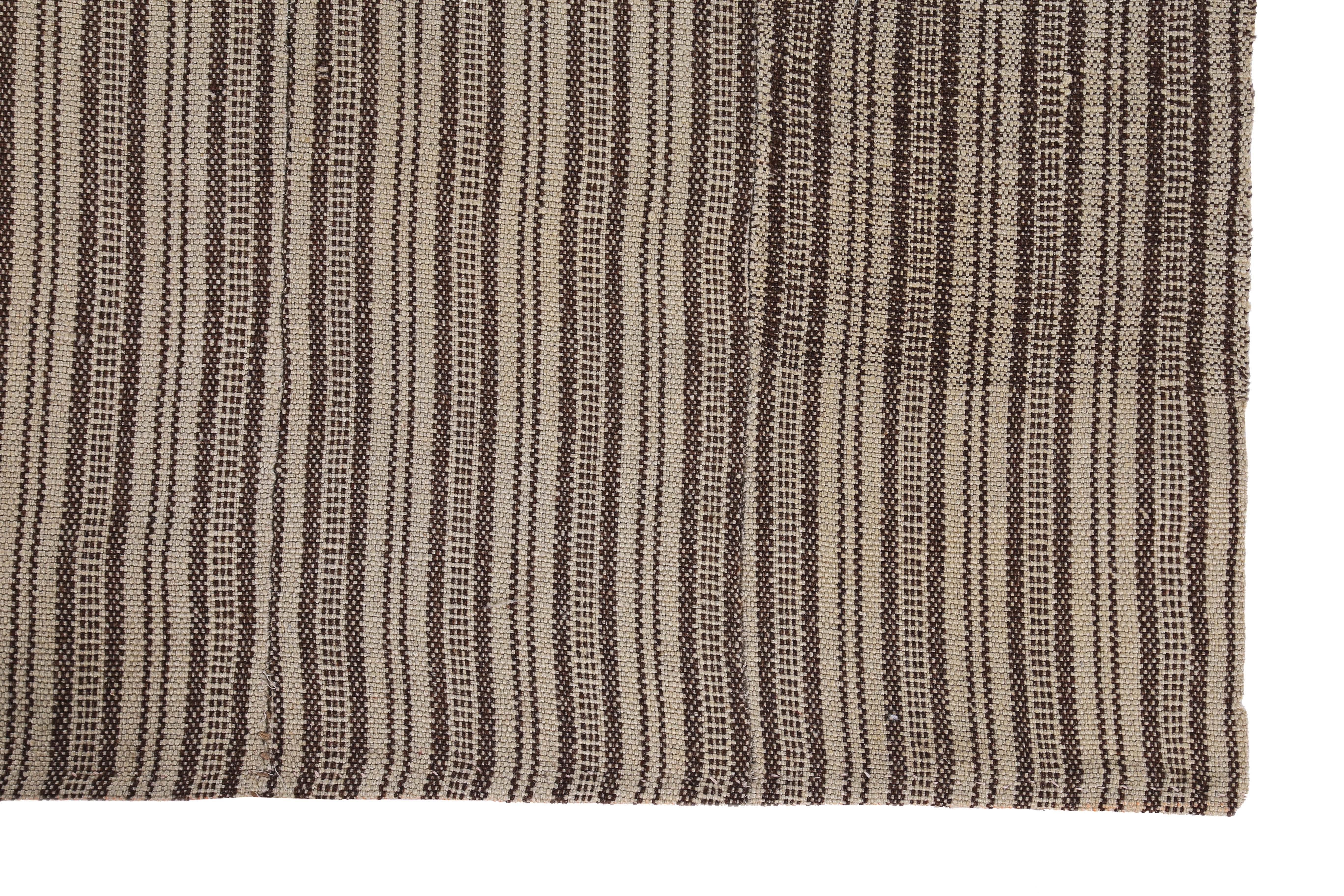 Hand-Woven Modern Turkish Kilim Rug with Beige and Brown Pencil Stripes For Sale