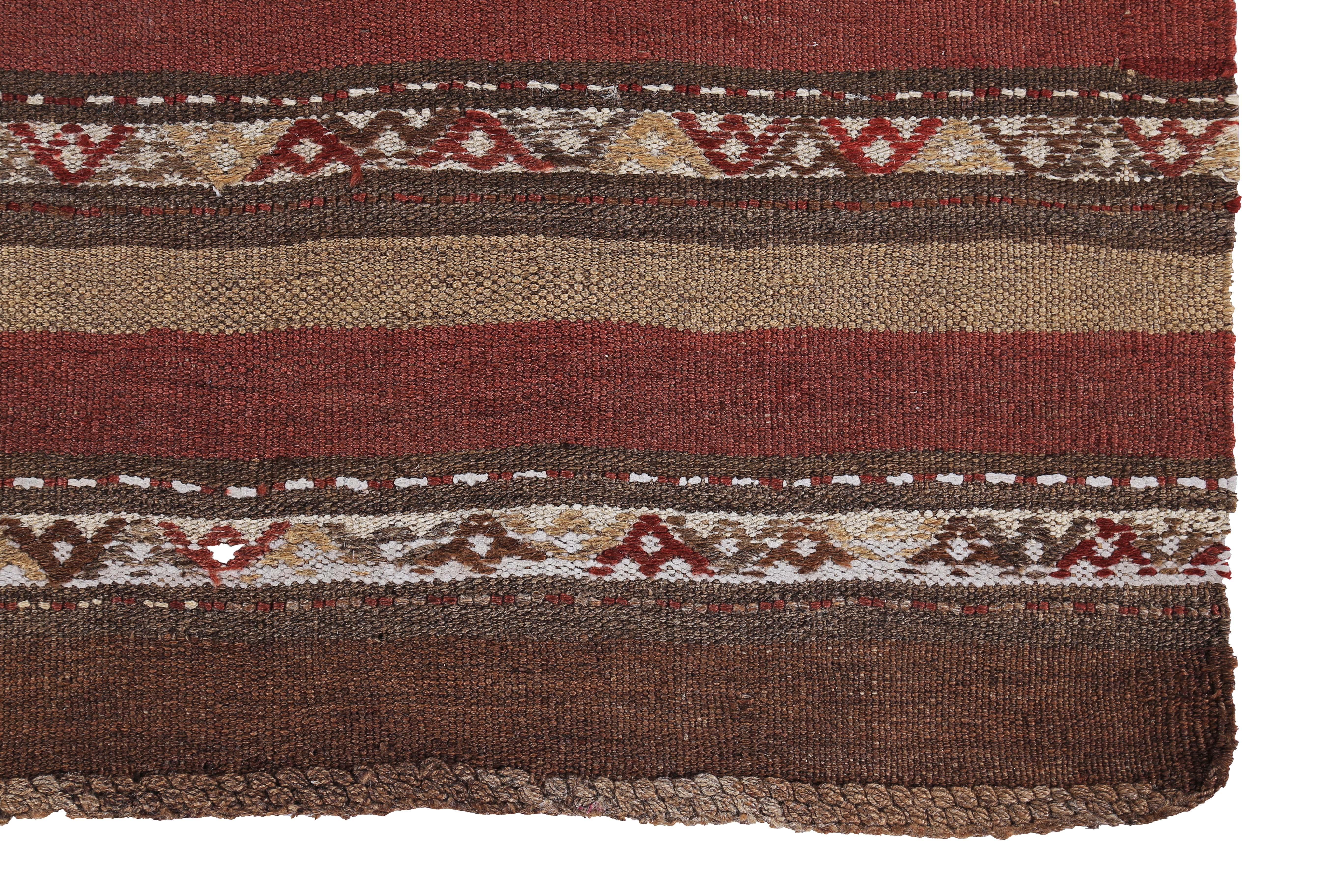 Hand-Woven Modern Turkish Kilim Rug with Beige and Rust Stripe on Brown Field For Sale