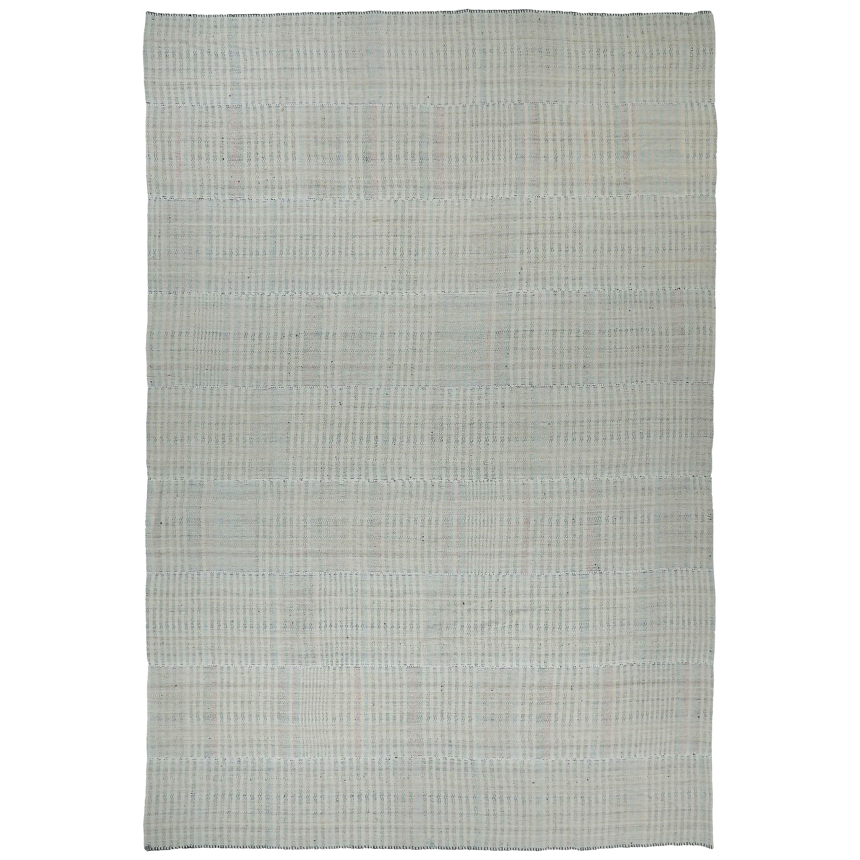 Modern Turkish Kilim Rug with Black and Blue Flat-Weave Stripes on Ivory Field For Sale