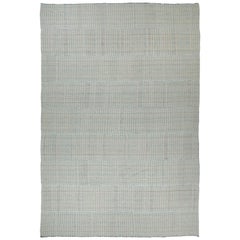 Modern Turkish Kilim Rug with Black and Blue Flat-Weave Stripes on Ivory Field
