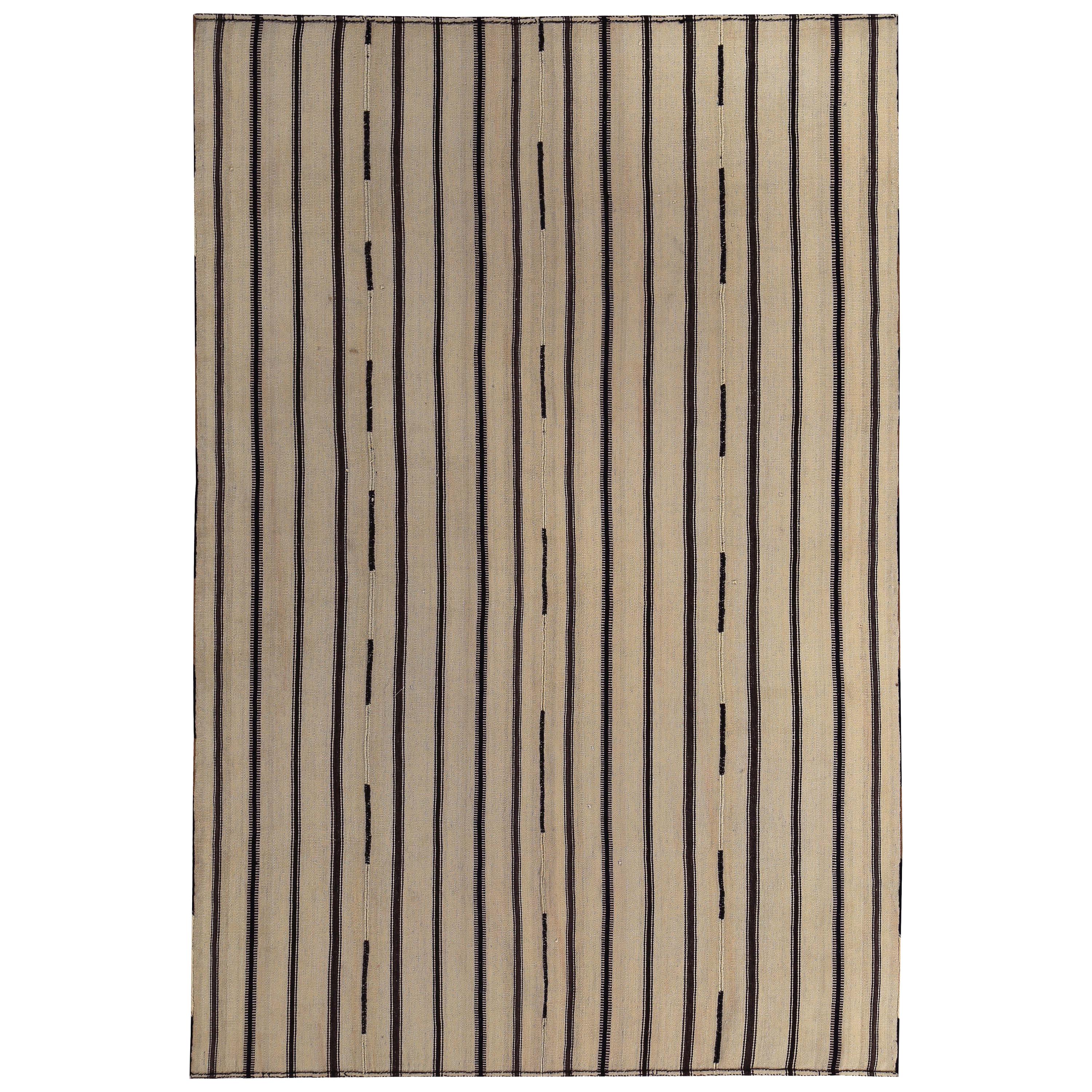 Modern Turkish Kilim Rug with Black and Brown Pencil Stripes in a Beige Field For Sale