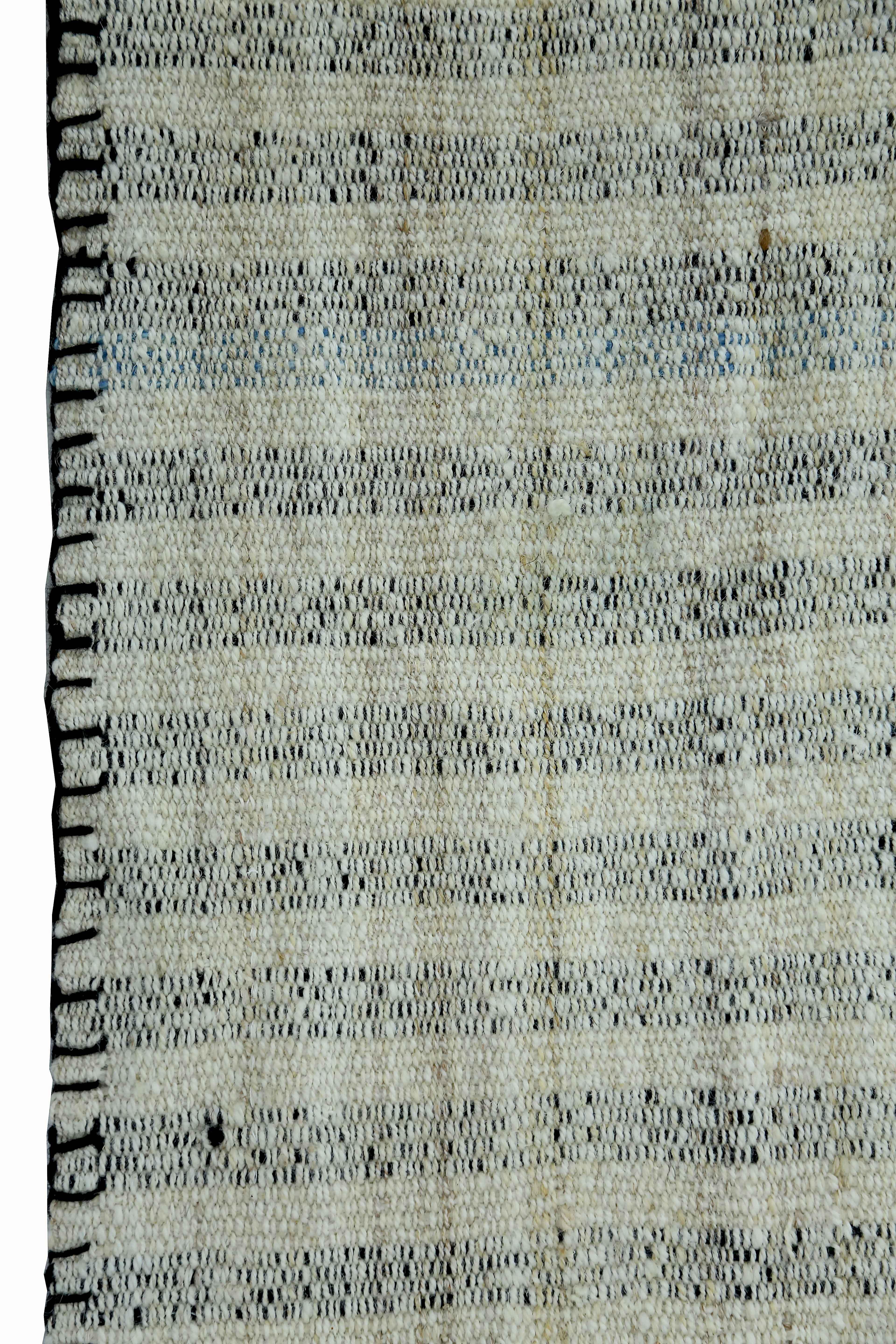 Hand-Woven Modern Turkish Kilim Rug with Black and Blue Flat-Weave Stripes on Ivory Field For Sale