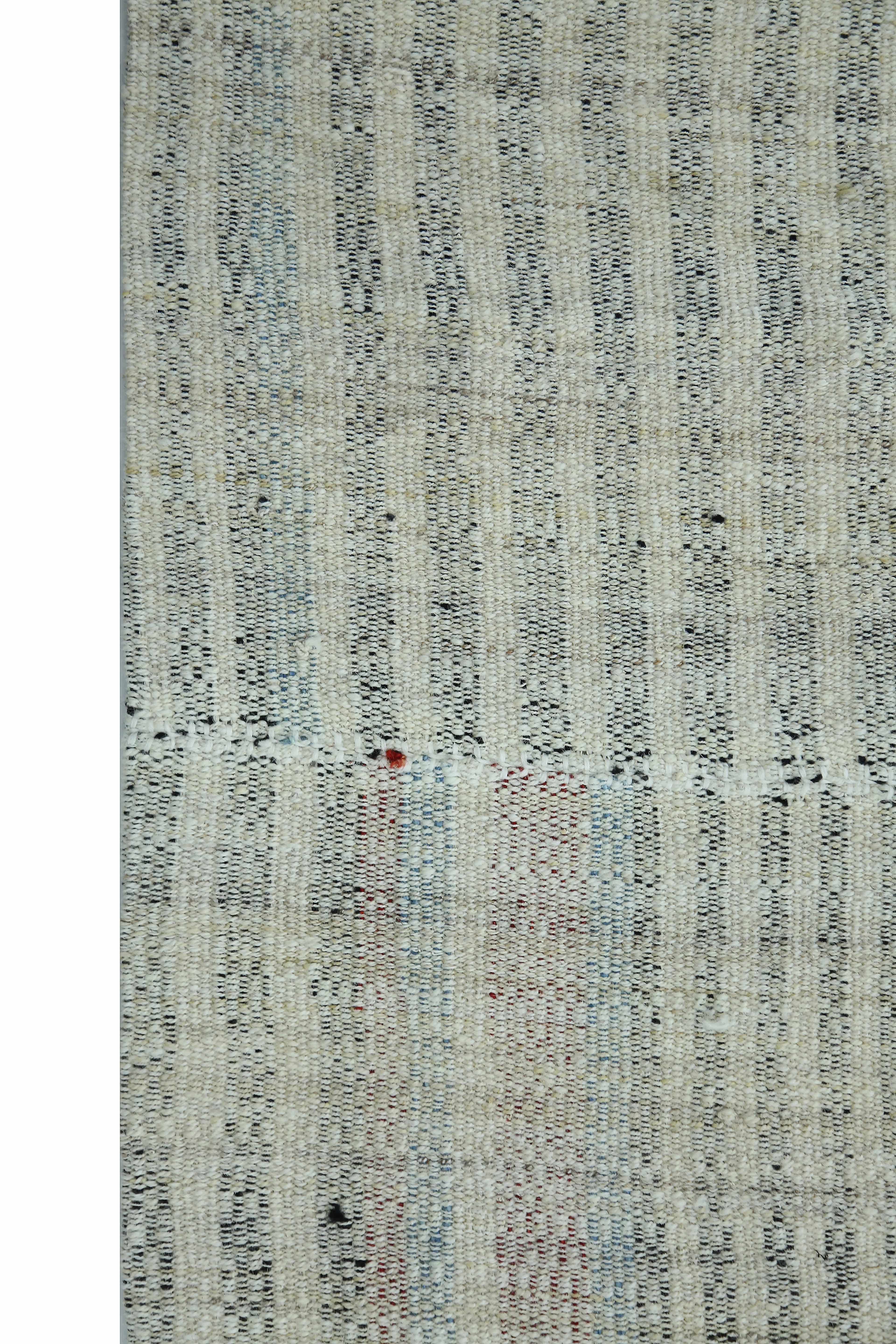 Modern Turkish Kilim Rug with Black and Blue Flat-Weave Stripes on Ivory Field In New Condition For Sale In Dallas, TX